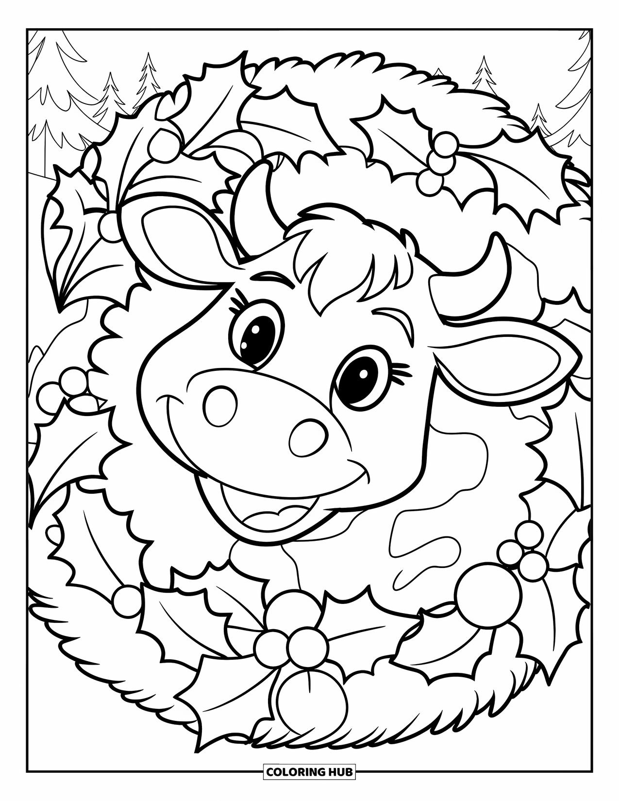 Christmas Cow Coloring Page for Kids: A smiling cow peeking out from behind a Christmas wreath