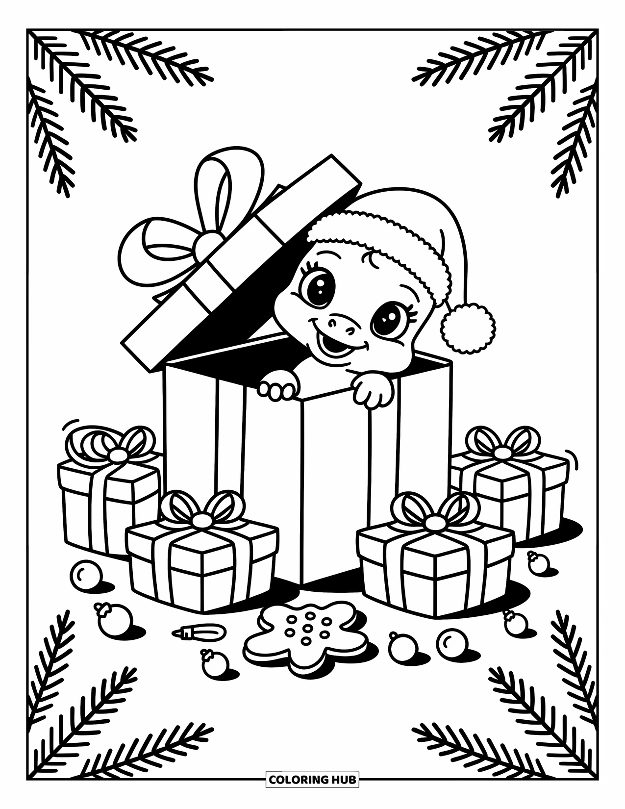 Christmas Dinosaur Coloring Page for Adults: A baby dinosaur wearing a Santa hat peeks out from a festive gift box