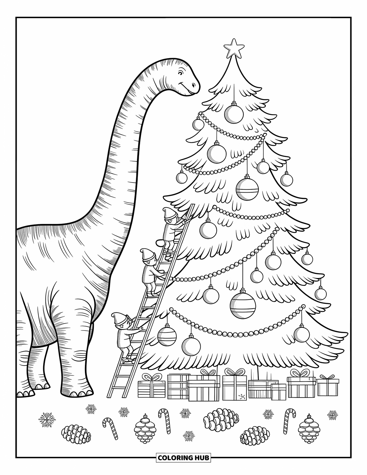 Christmas Dinosaur Coloring Page for Adults: A Brachiosaurus leans toward a tall tree while elves climb ladders to decorate