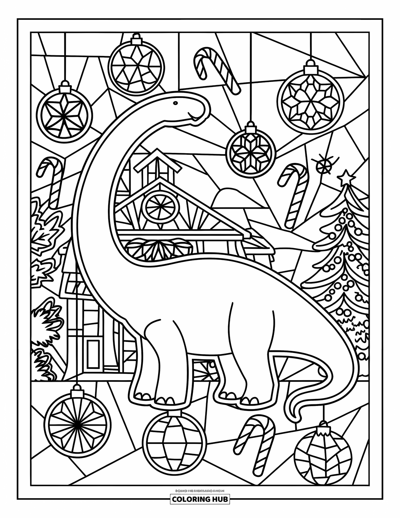 Christmas Dinosaur Coloring Page for Adults: A Brachiosaurus silhouette framed by baubles and candy canes