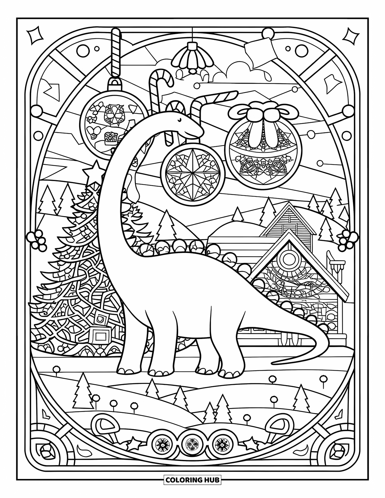 Christmas Dinosaur Coloring Page for Adults: A Brachiosaurus silhouette in stained glass with trees and a cottage