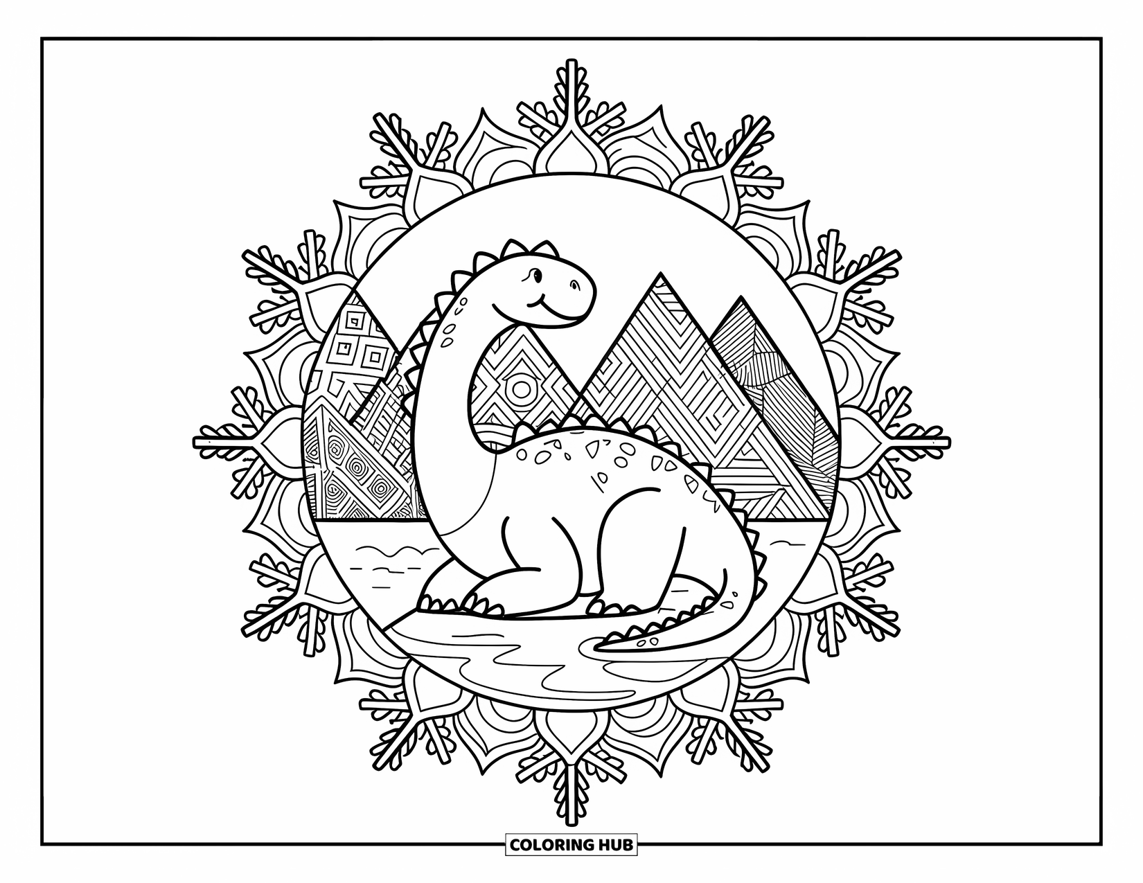 Christmas Dinosaur Coloring Page for Adults: A dinosaur rests inside snowflake mandalas by a lake and mountains