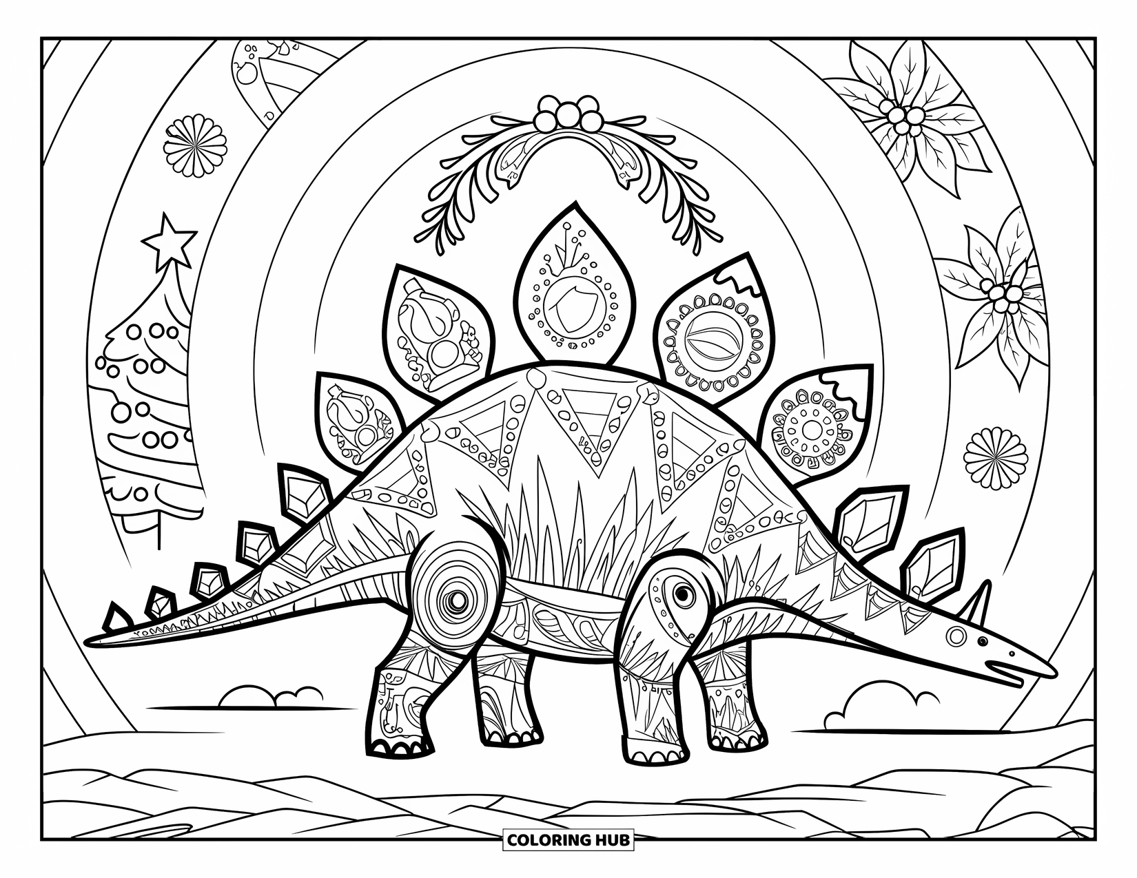 Christmas Dinosaur Coloring Page for Adults: A Stegosaurus stands on rocky ground framed by Christmas icons and flowers