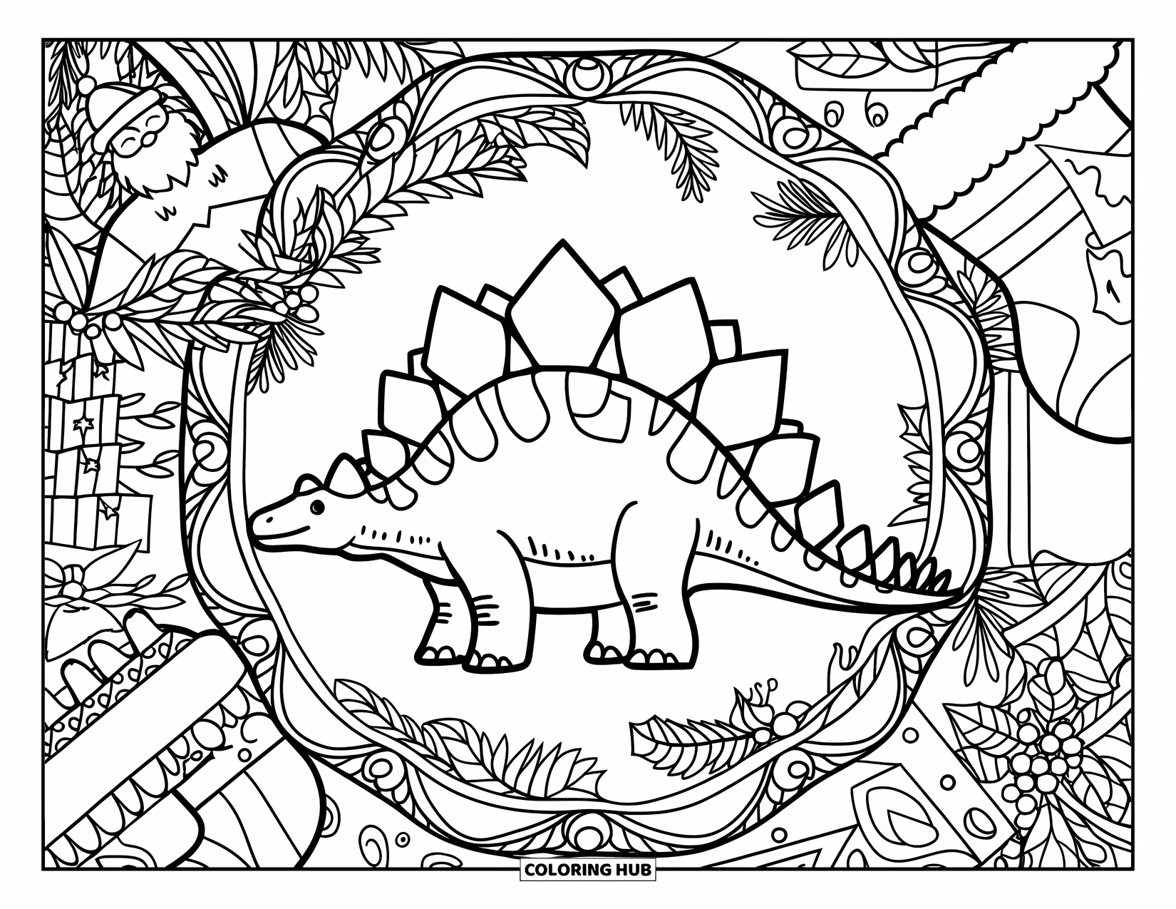 Christmas Dinosaur Coloring Page for Adults: A Stegosaurus surrounded by rings of Christmas icons and holly leaves