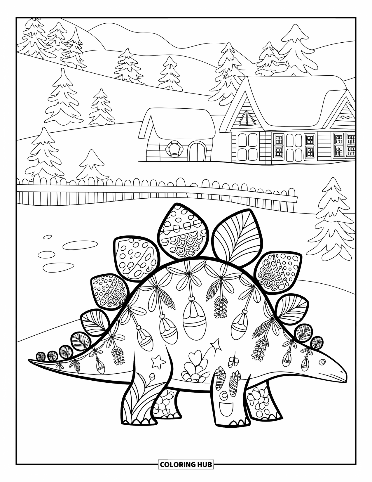 Christmas Dinosaur Coloring Page for Adults: A Stegosaurus with pinecone mandala petals in a snowy village