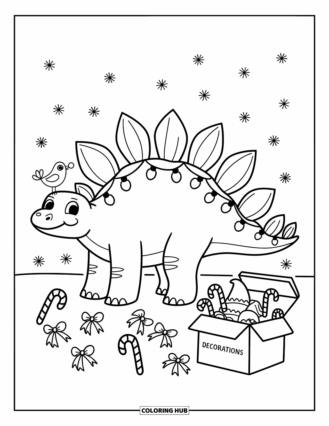 Christmas Dinosaur Coloring Page for Adults: A Stegosaurus with string lights on its back stands happily in the snow