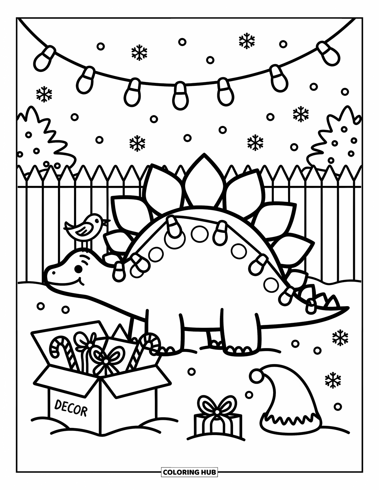 Christmas Dinosaur Coloring Page for Adults: A Stegosaurus wrapped in string lights smiles with a bird perched on its tail