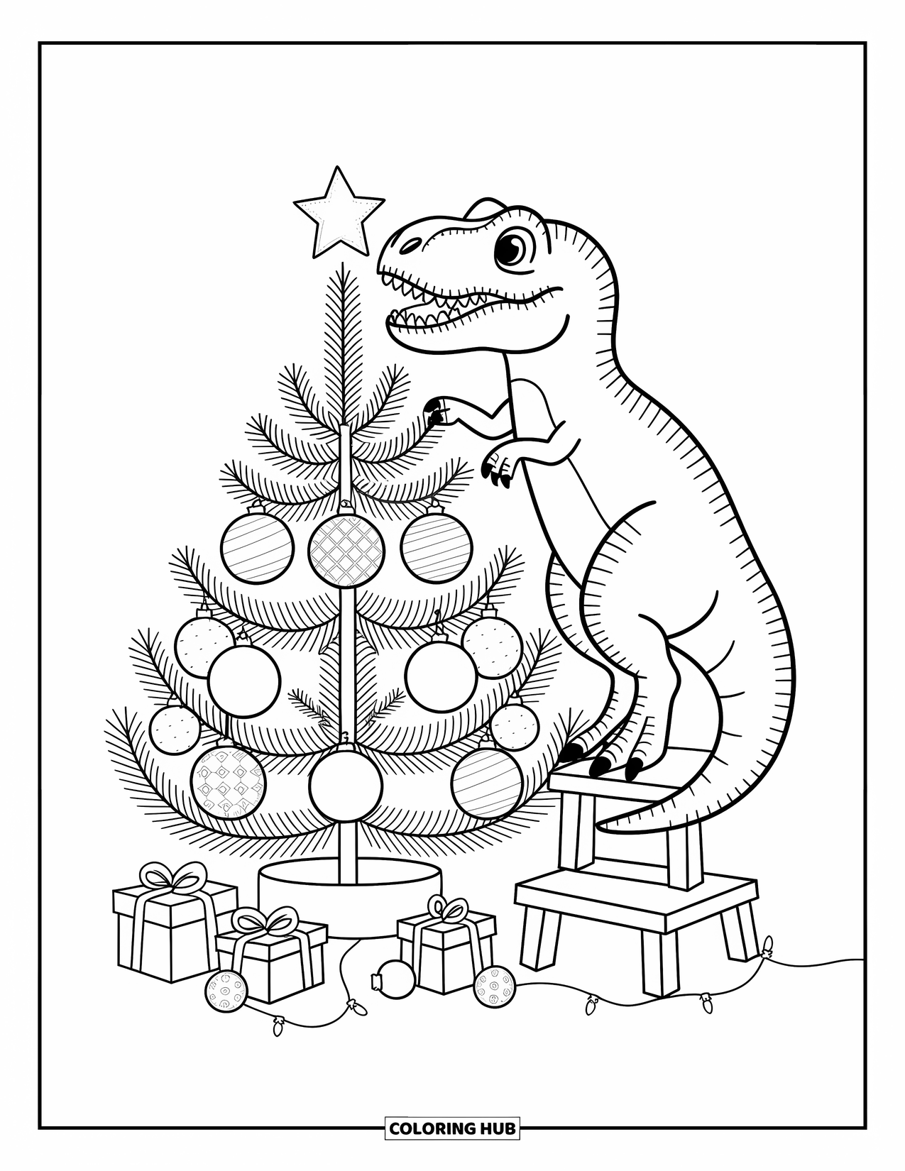 Christmas Dinosaur Coloring Page for Adults: A T-Rex balances to put a star on a decorated Christmas tree