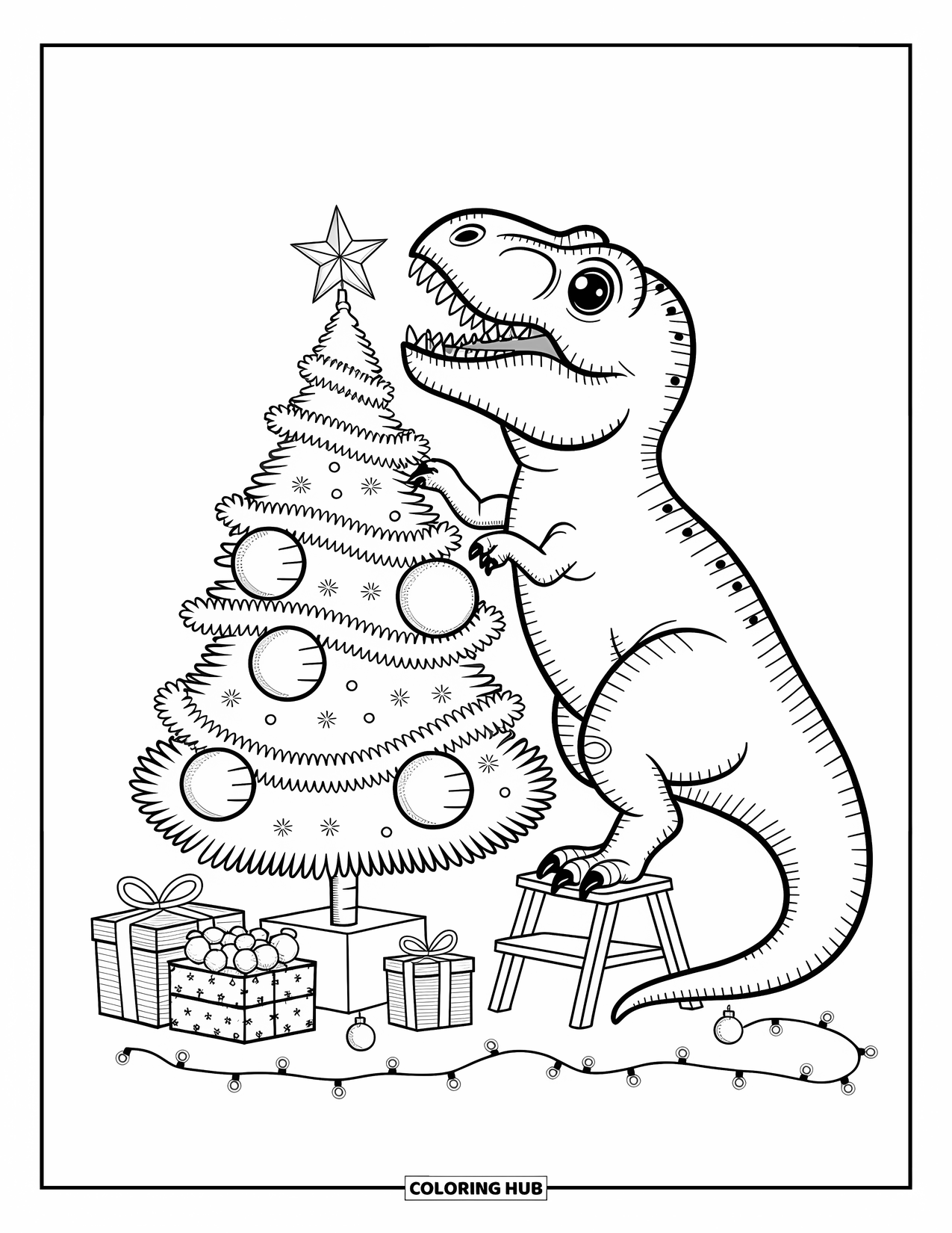 Christmas Dinosaur Coloring Page for Adults: A T-Rex balances while placing a star on a small decorated tree