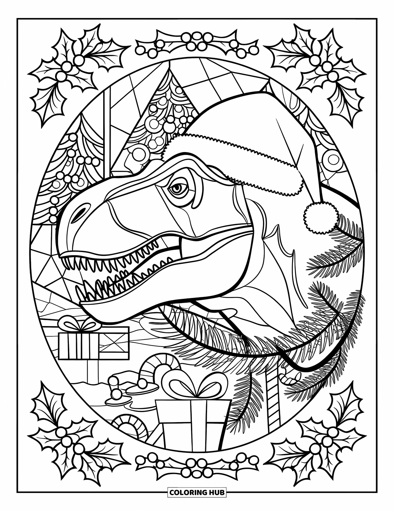 Christmas Dinosaur Coloring Page for Adults: A T-Rex in profile surrounded by ornaments and pine boughs