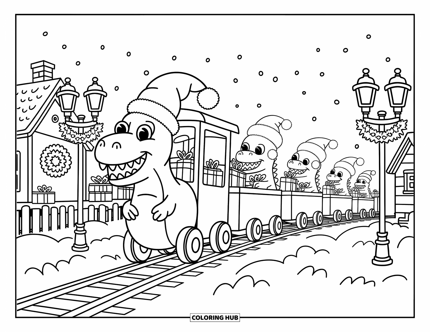 Christmas Dinosaur Coloring Page for Adults: A T-Rex train carries dinosaurs holding presents through a snowy village