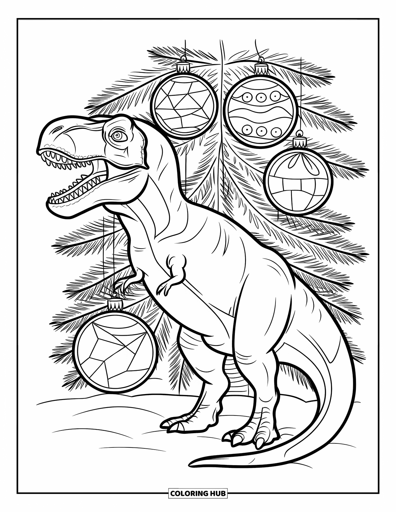 Christmas Dinosaur Coloring Page for Adults: A T-Rex with pine boughs and ornaments in snowy surroundings
