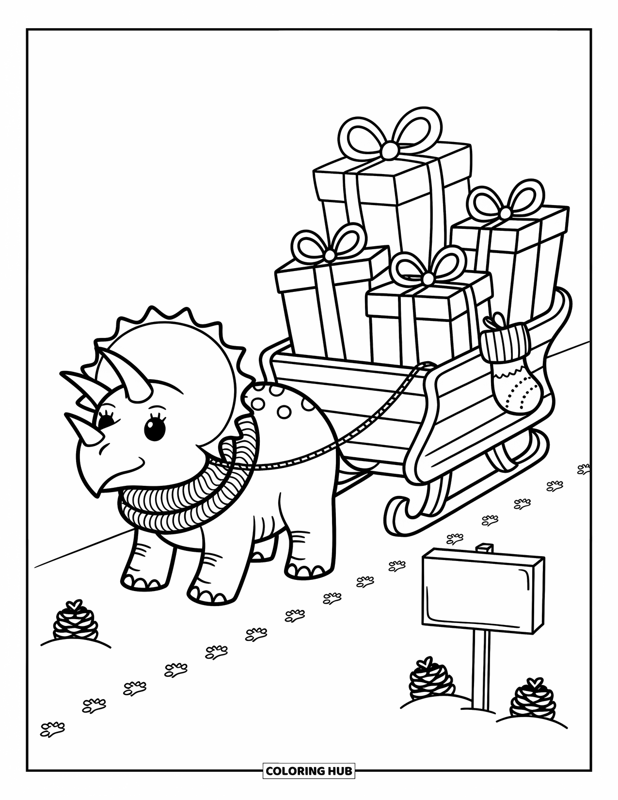 Christmas Dinosaur Coloring Page for Adults: A Triceratops in a scarf pulls a sleigh full of wrapped presents