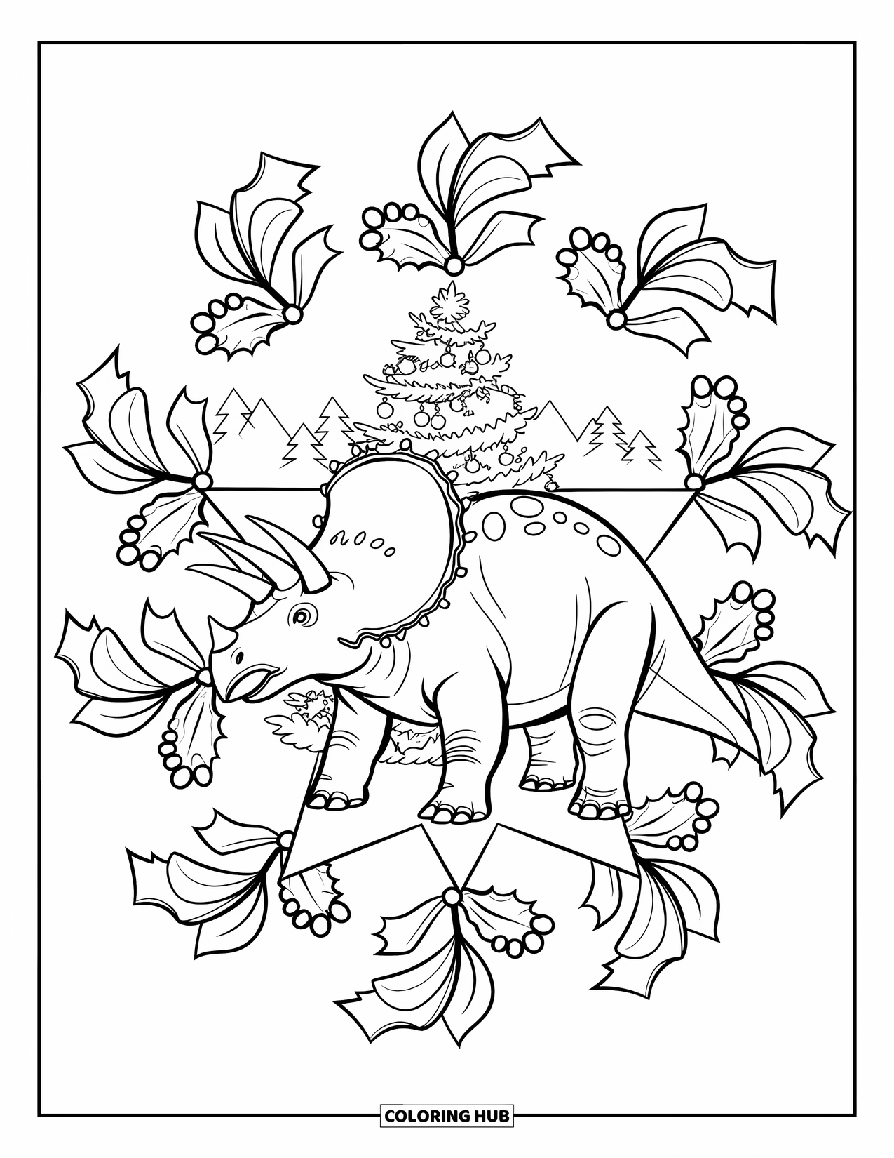 Christmas Dinosaur Coloring Page for Adults: A Triceratops with holly mandala stands before a Christmas tree