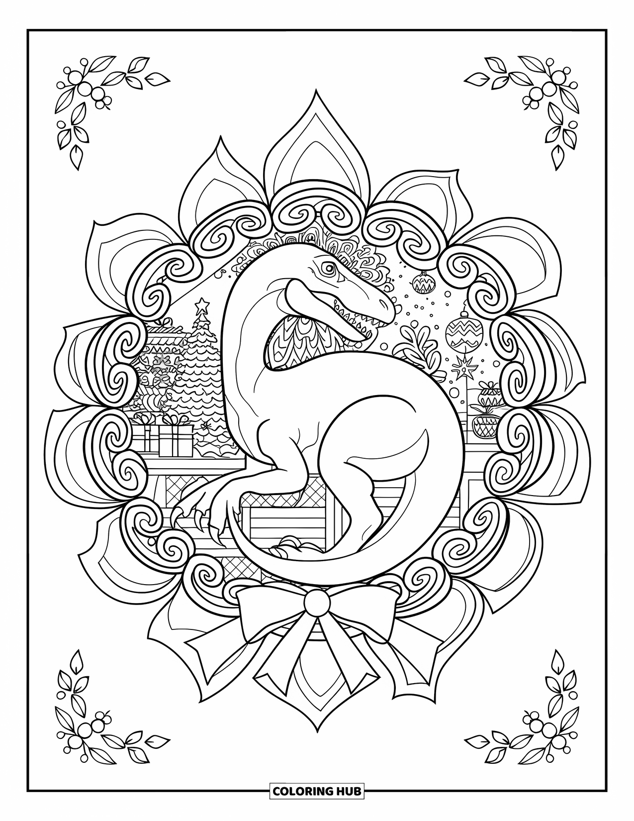 Christmas Dinosaur Coloring Page for Adults: A Velociraptor within a ribbon mandala and festive Christmas scene