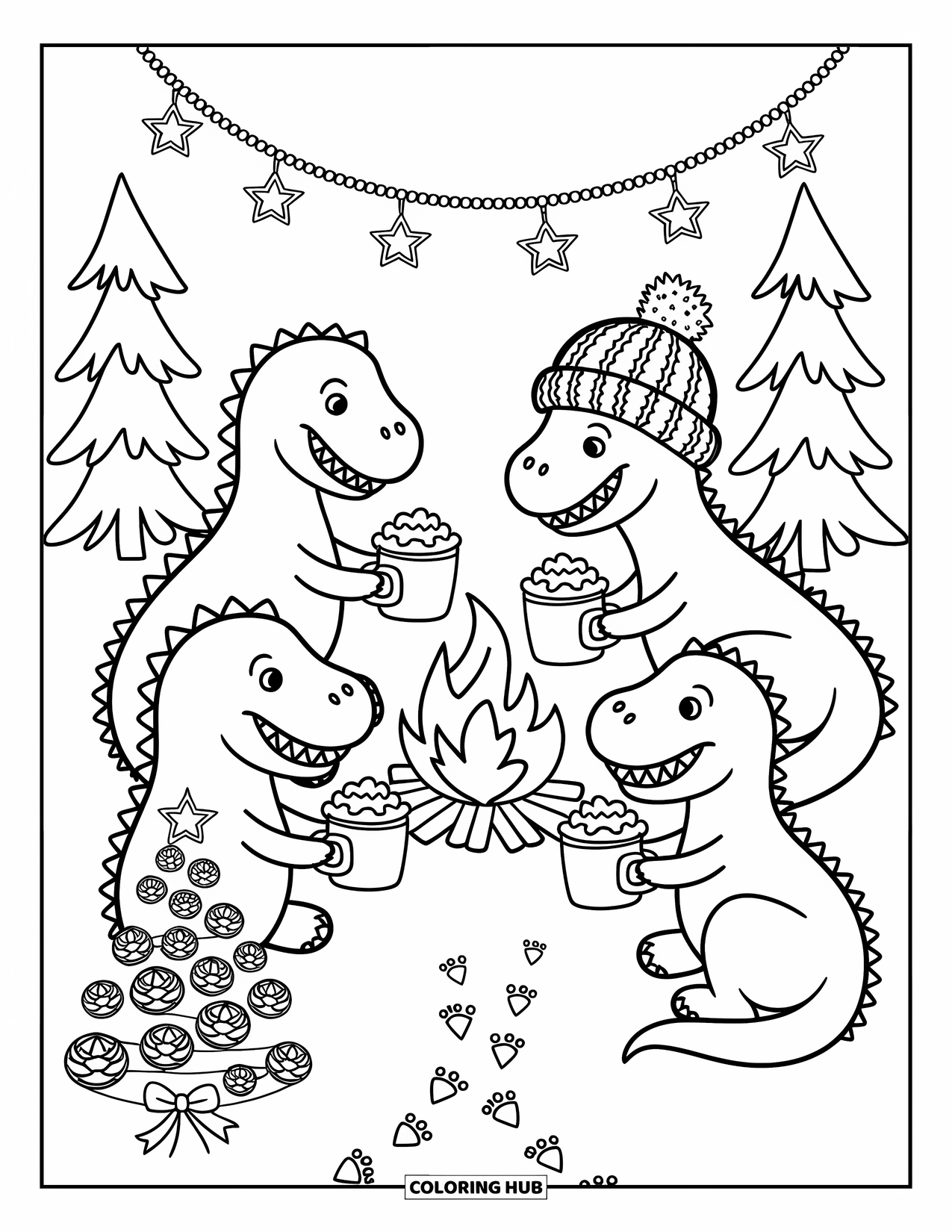 Christmas Dinosaur Coloring Page for Adults: Dinosaurs in knit hats roast marshmallows by a campfire in the snowy woods