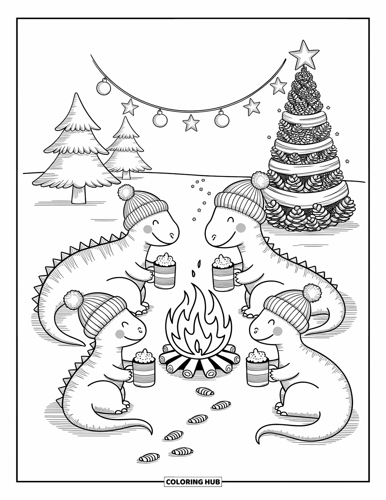 Christmas Dinosaur Coloring Page for Adults: Dinosaurs in winter hats roast marshmallows together around a cozy campfire