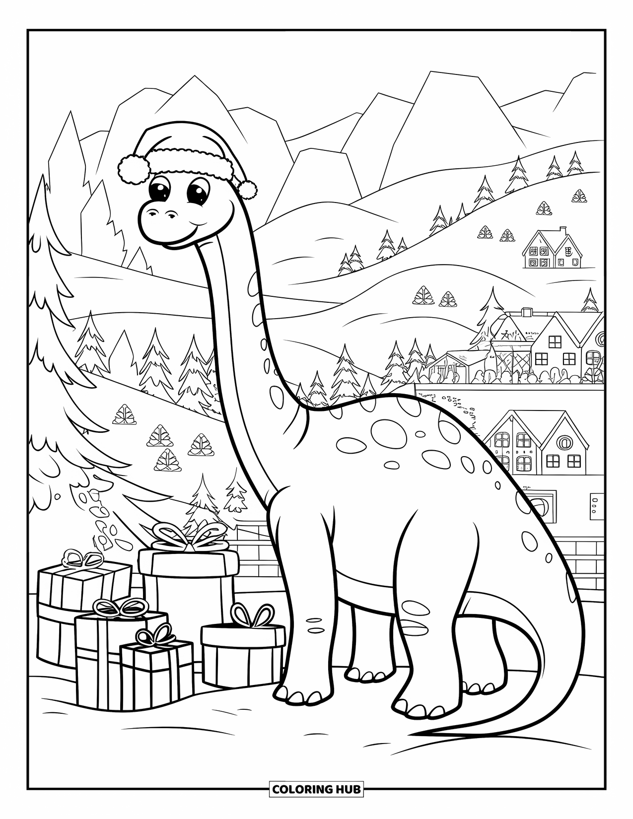 Christmas Dinosaur Coloring Page for Kids: A Brachiosaurus in a Santa hat overlooking a snowy valley filled with gifts