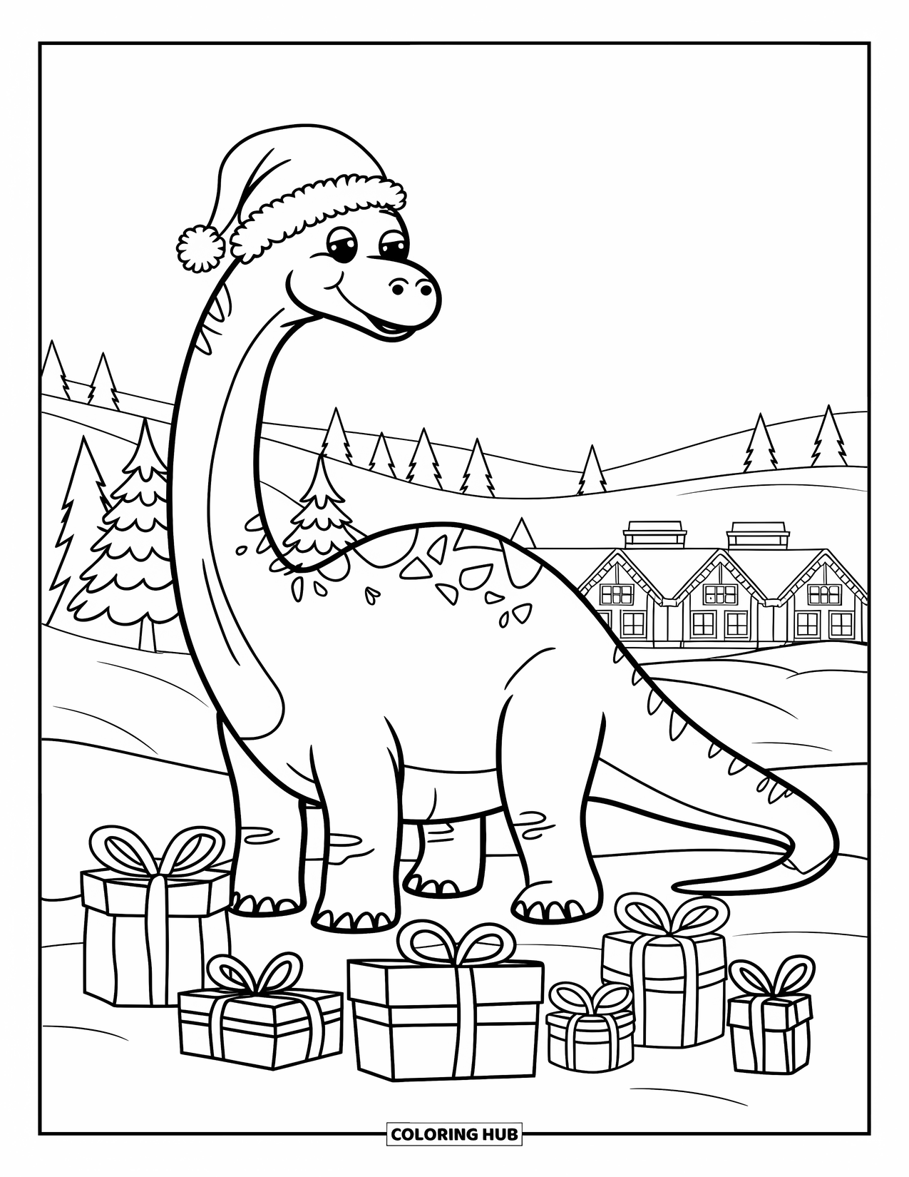 Christmas Dinosaur Coloring Page for Kids: A Brachiosaurus in a Santa hat surrounded by gifts, houses, and snowy trees