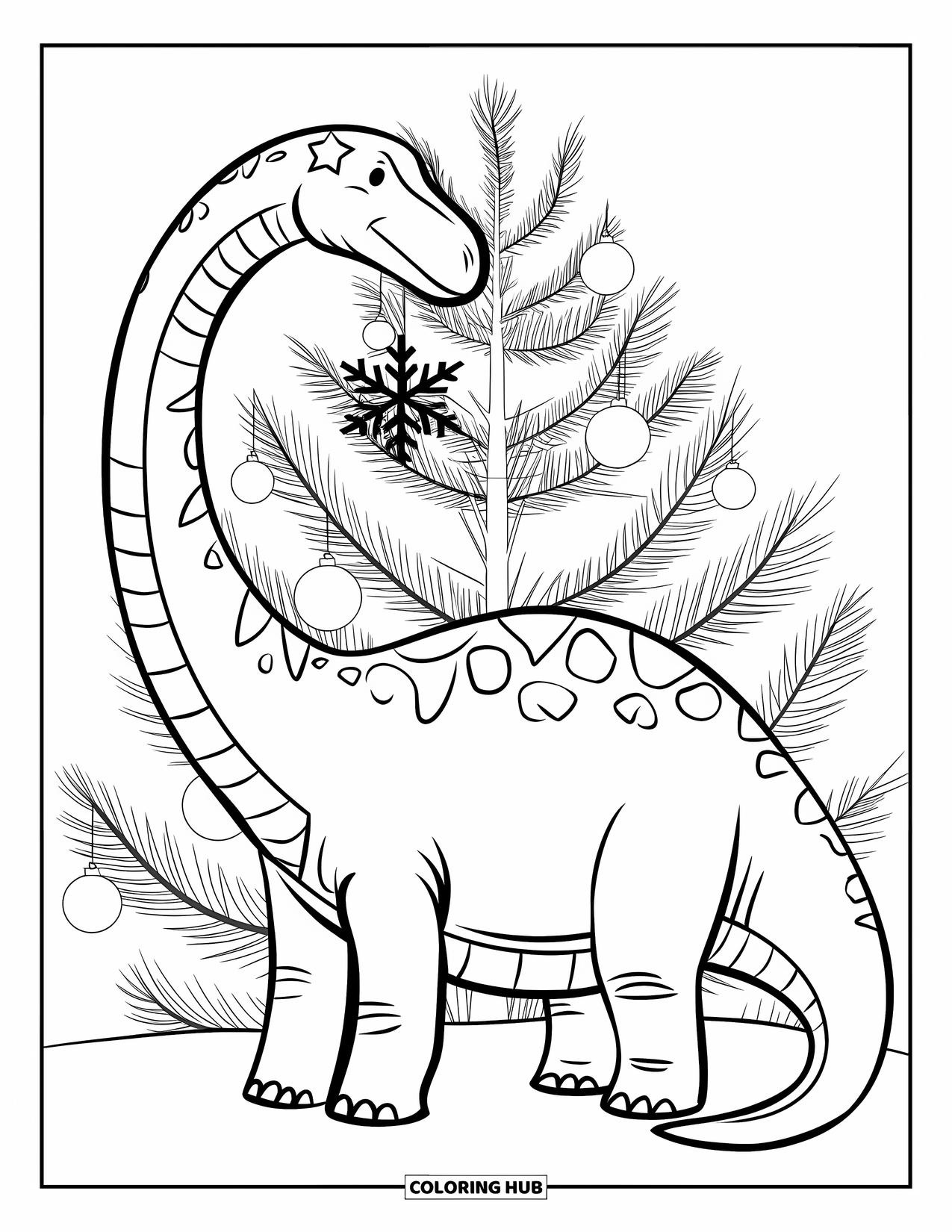 Christmas Dinosaur Coloring Page for Kids: A Brachiosaurus with a star on its head reaching for a snowflake