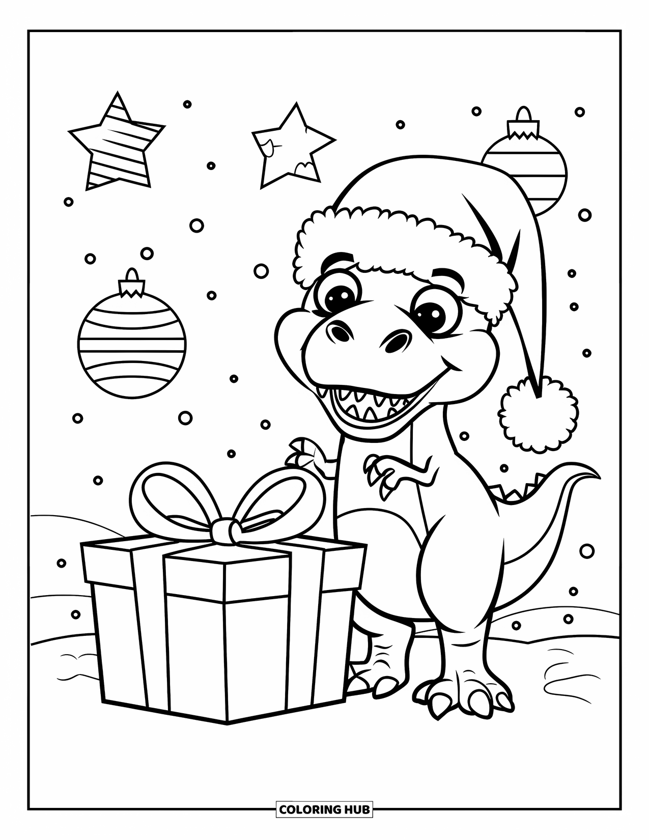 Christmas Dinosaur Coloring Page for Kids: A cheerful T-Rex in a Santa hat beside a large gift in the snow