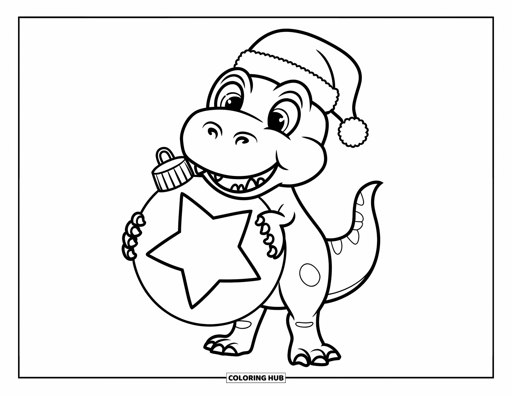 Christmas Dinosaur Coloring Page for Kids: A cheerful T-Rex in a Santa hat holding a giant ornament