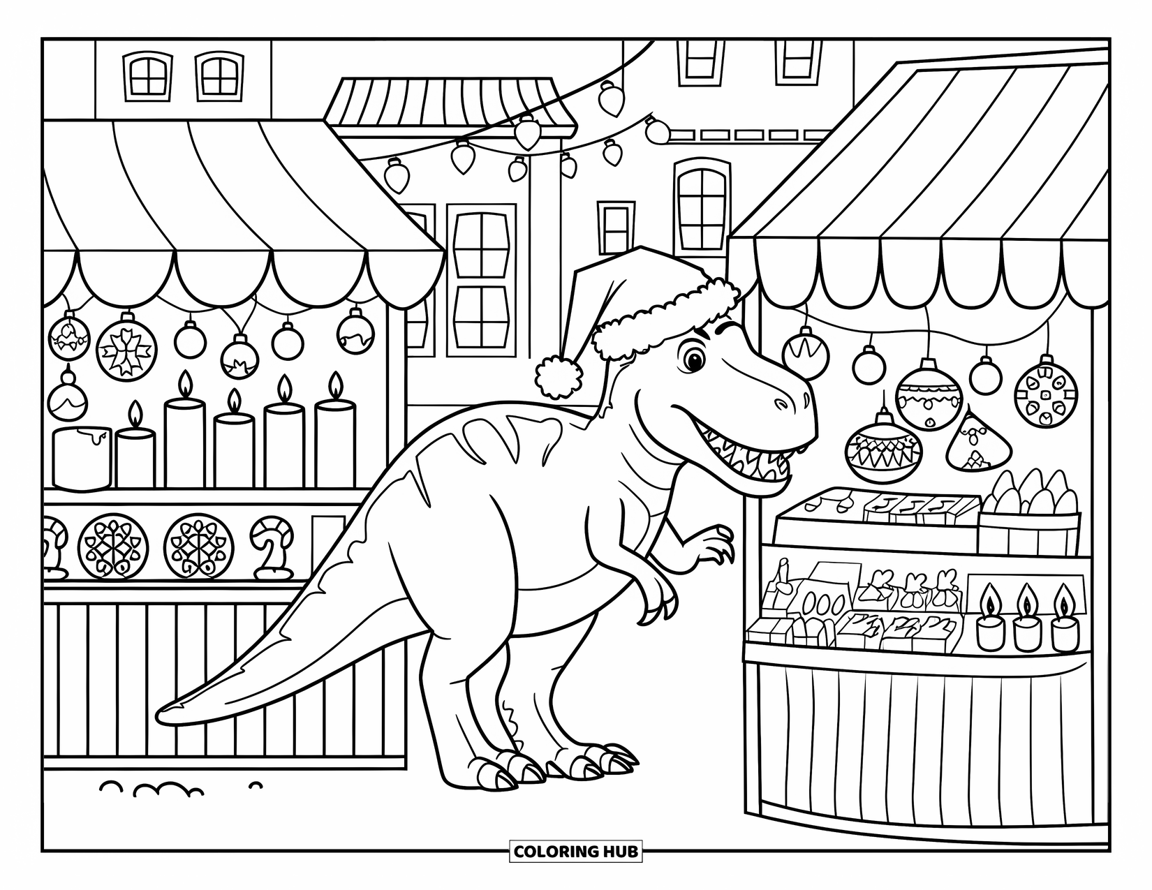 Christmas Dinosaur Coloring Page for Kids: A dinosaur at a holiday market with stalls of ornaments and cookies