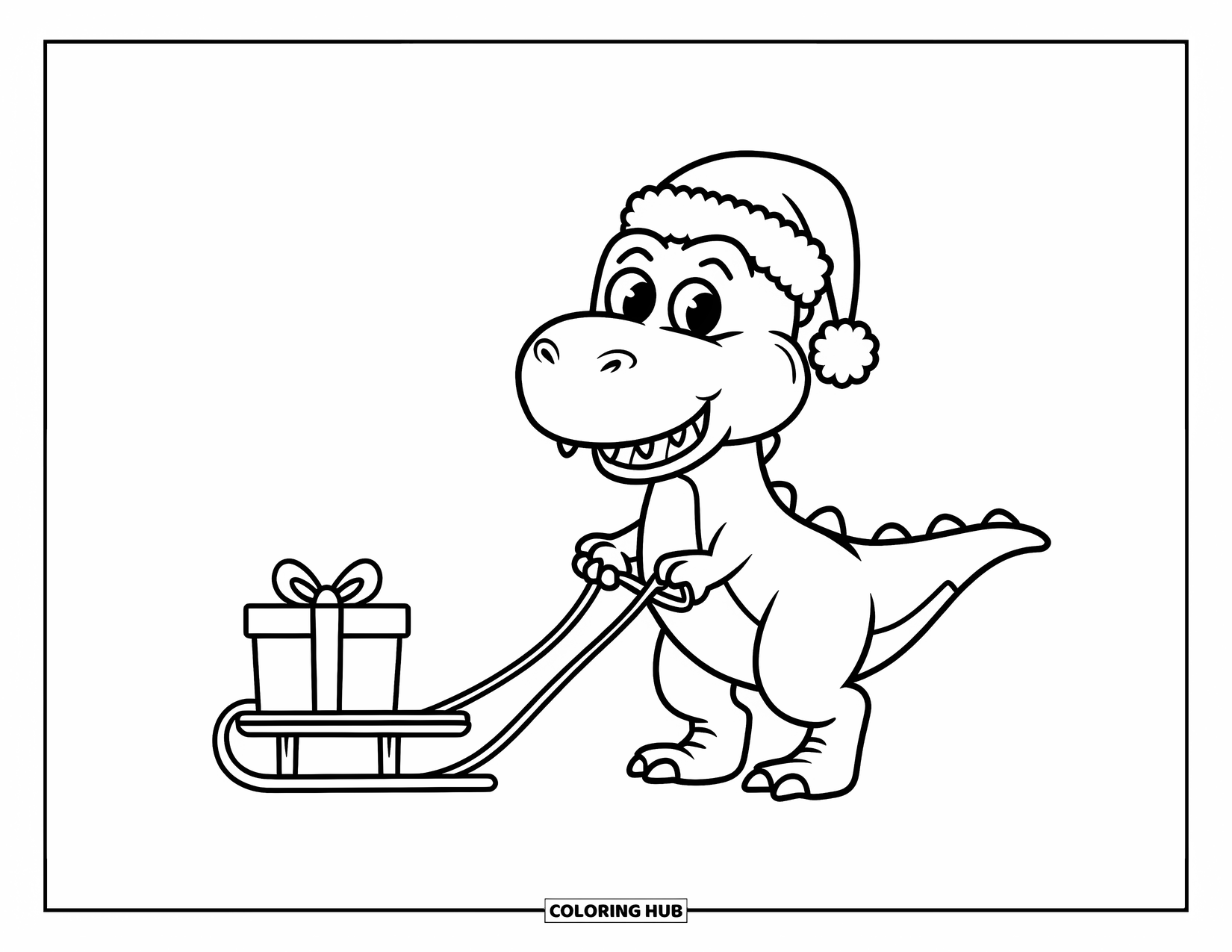 Christmas Dinosaur Coloring Page for Kids: A dinosaur cheerfully pulling a sled with a gift on white ground