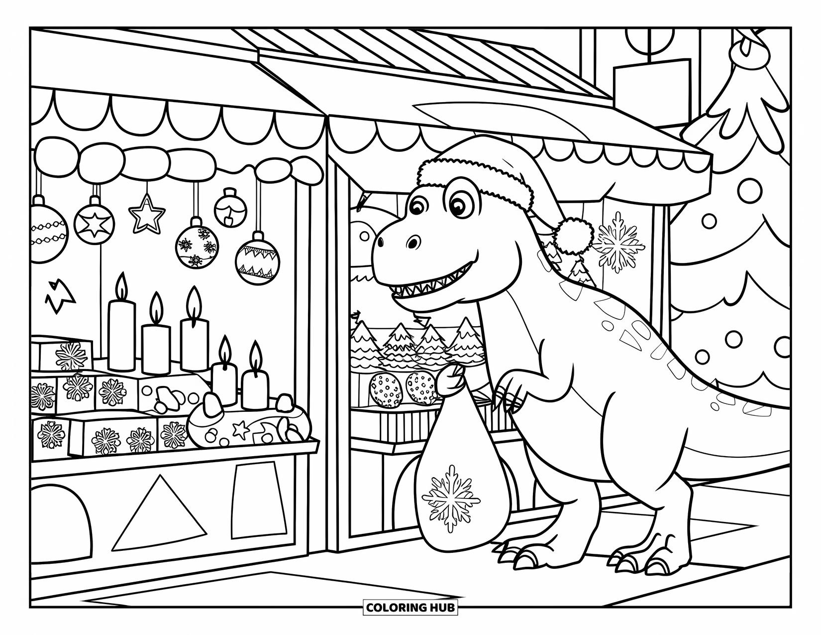 Christmas Dinosaur Coloring Page for Kids: A dinosaur in a Santa hat browsing stalls at a snowy holiday market