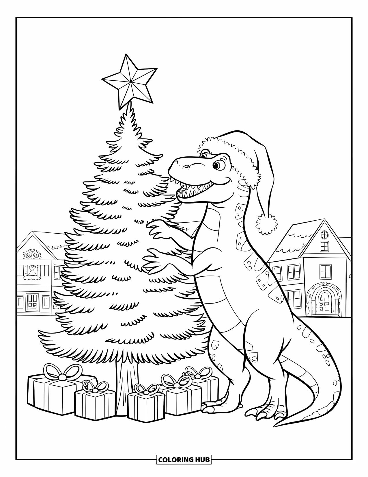 Christmas Dinosaur Coloring Page for Kids: A dinosaur in a Santa hat placing a star atop a tall pine tree