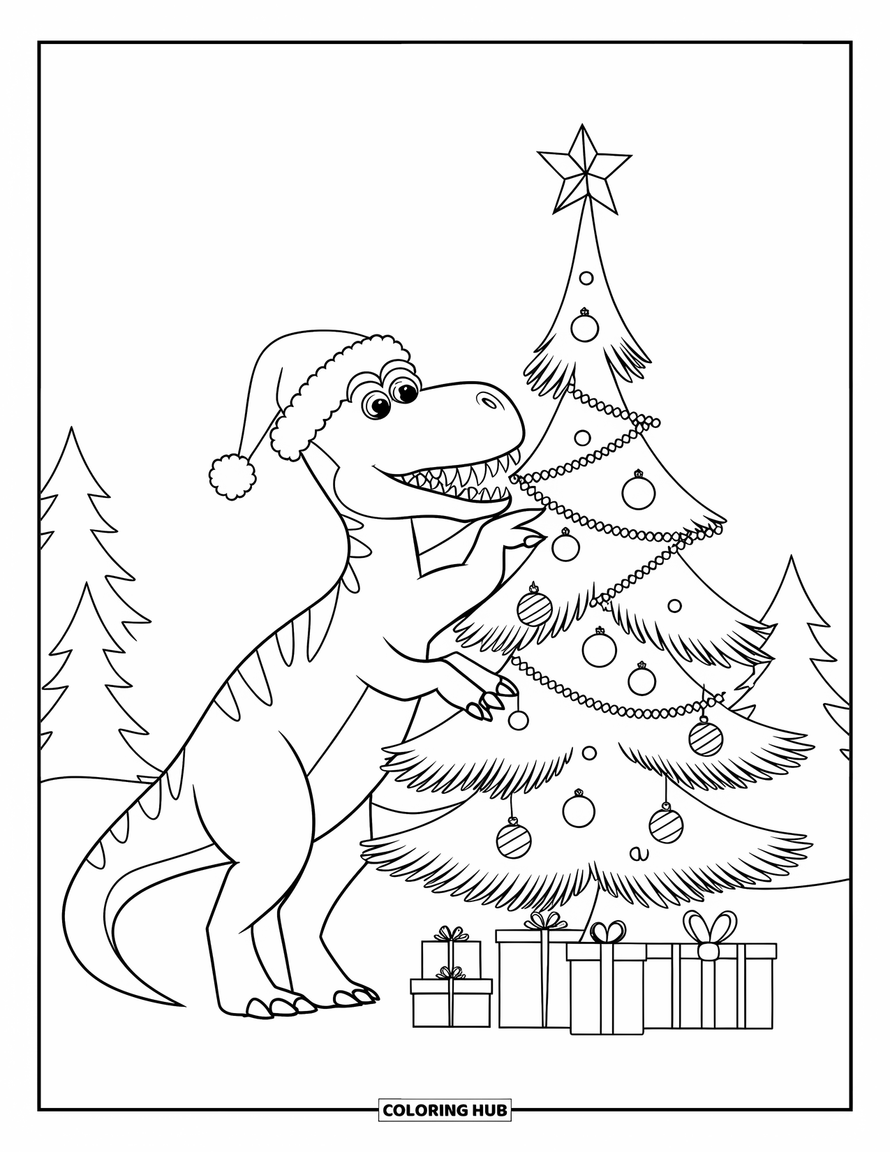 Christmas Dinosaur Coloring Page for Kids: A dinosaur in a Santa hat placing a star on a festive pine tree