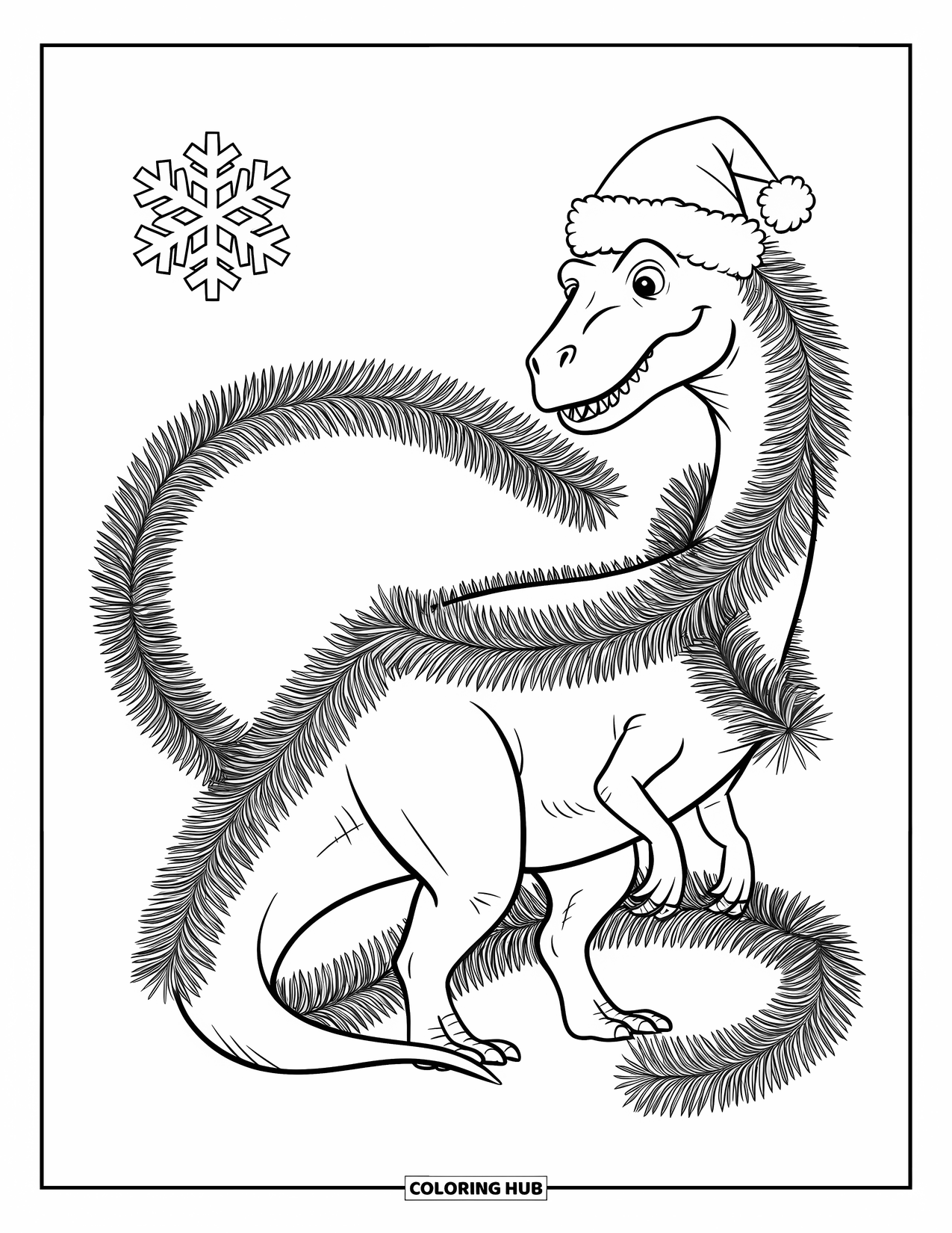 Christmas Dinosaur Coloring Page for Kids: A dinosaur in a Santa hat wrapped in a long garland