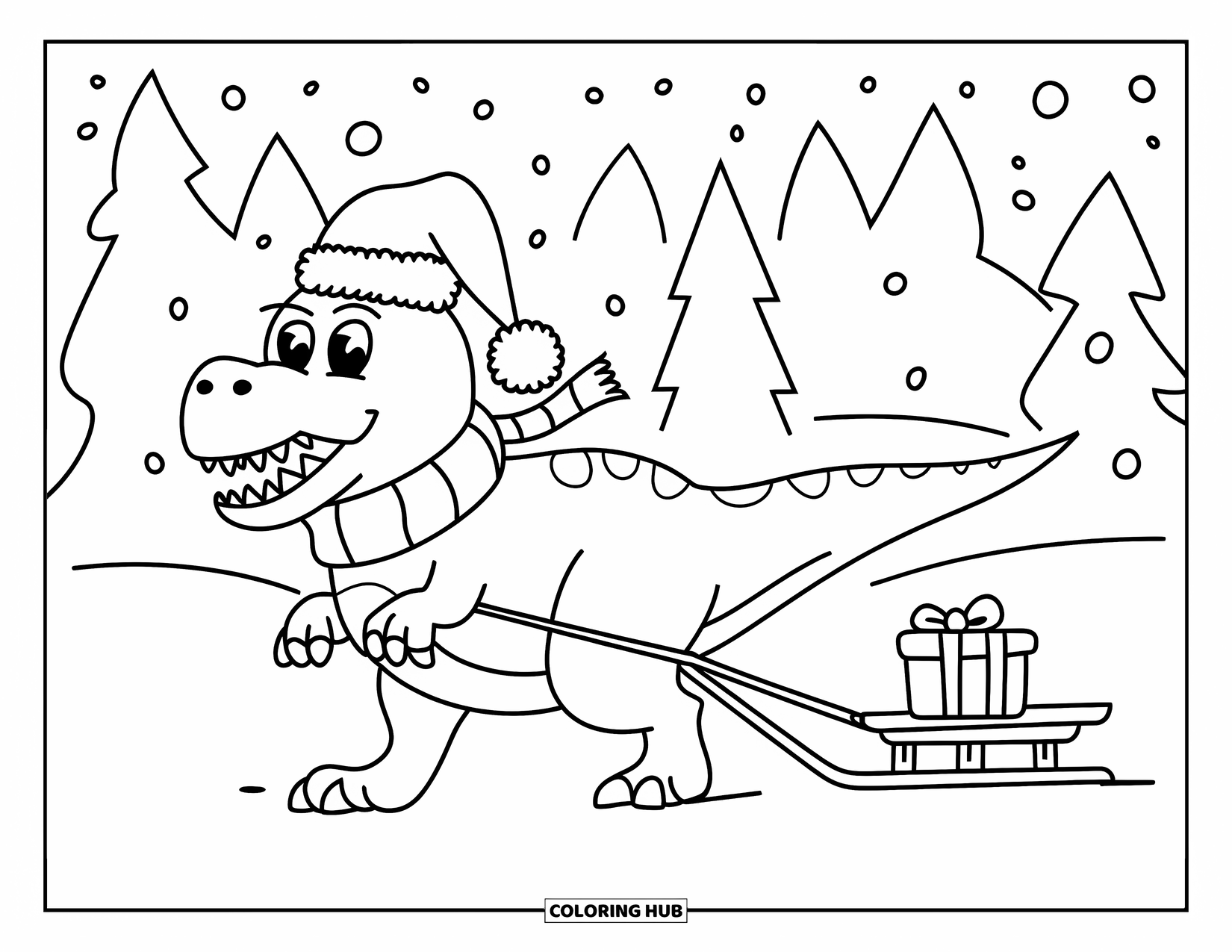 Christmas Dinosaur Coloring Page for Kids: A dinosaur in a scarf and hat pulling a sled in the snow