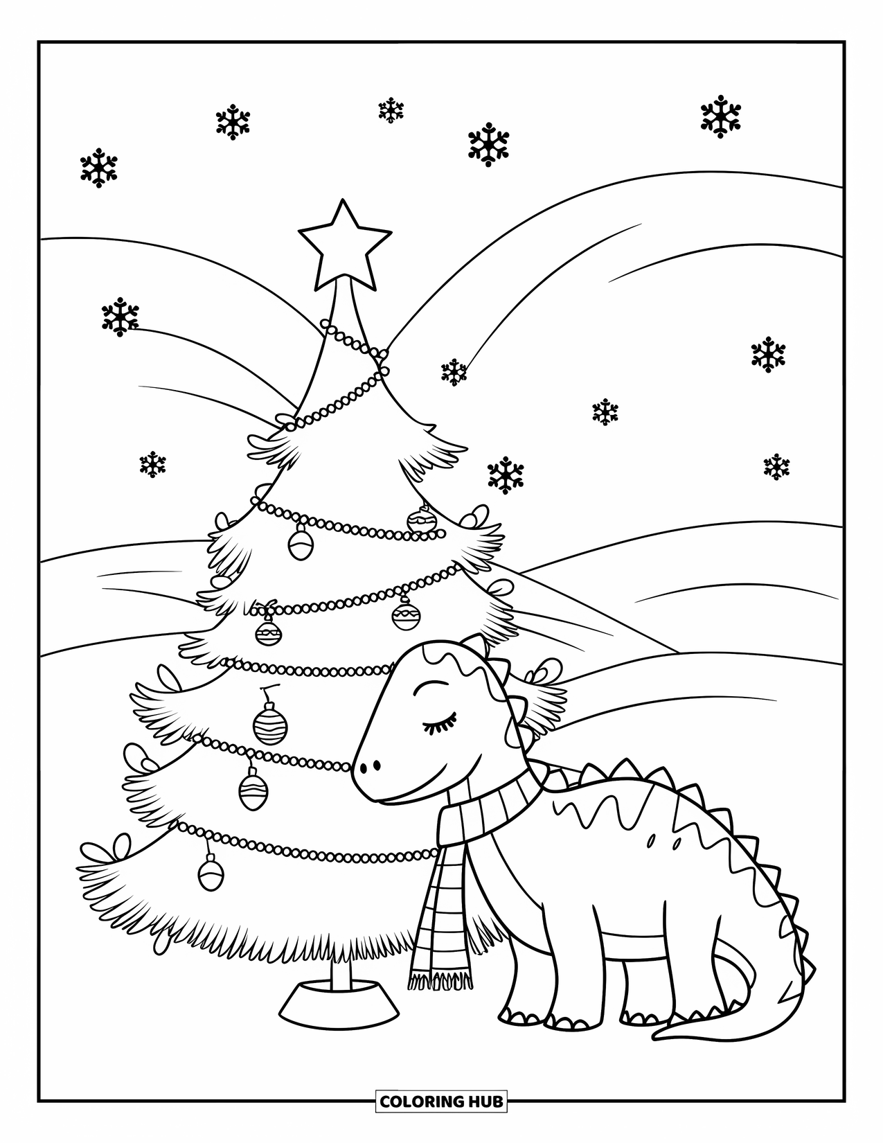 Christmas Dinosaur Coloring Page for Kids: A dinosaur in a scarf beside a decorated tree with snowflakes falling