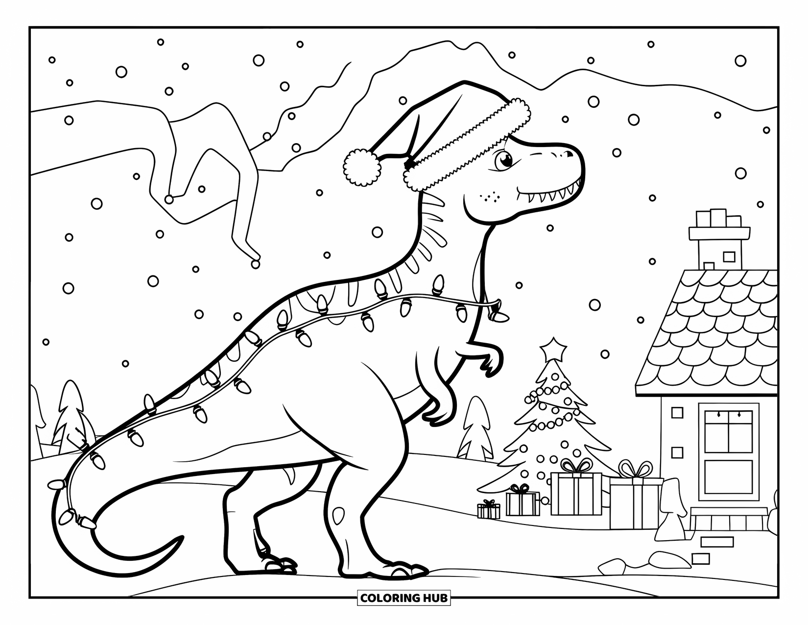 Christmas Dinosaur Coloring Page for Kids: A dinosaur with Christmas lights wrapped around its body watching northern lights