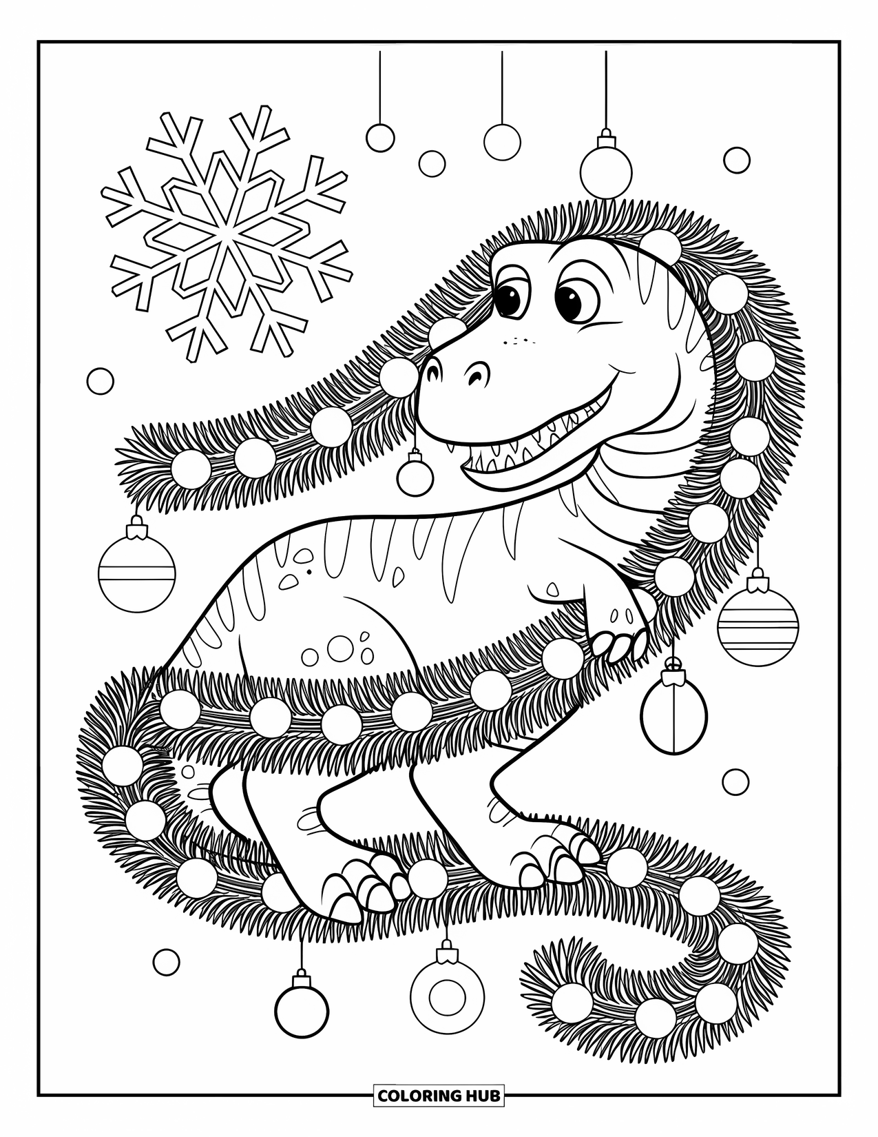 Christmas Dinosaur Coloring Page for Kids: A dinosaur wrapped in a garland with a snowflake above