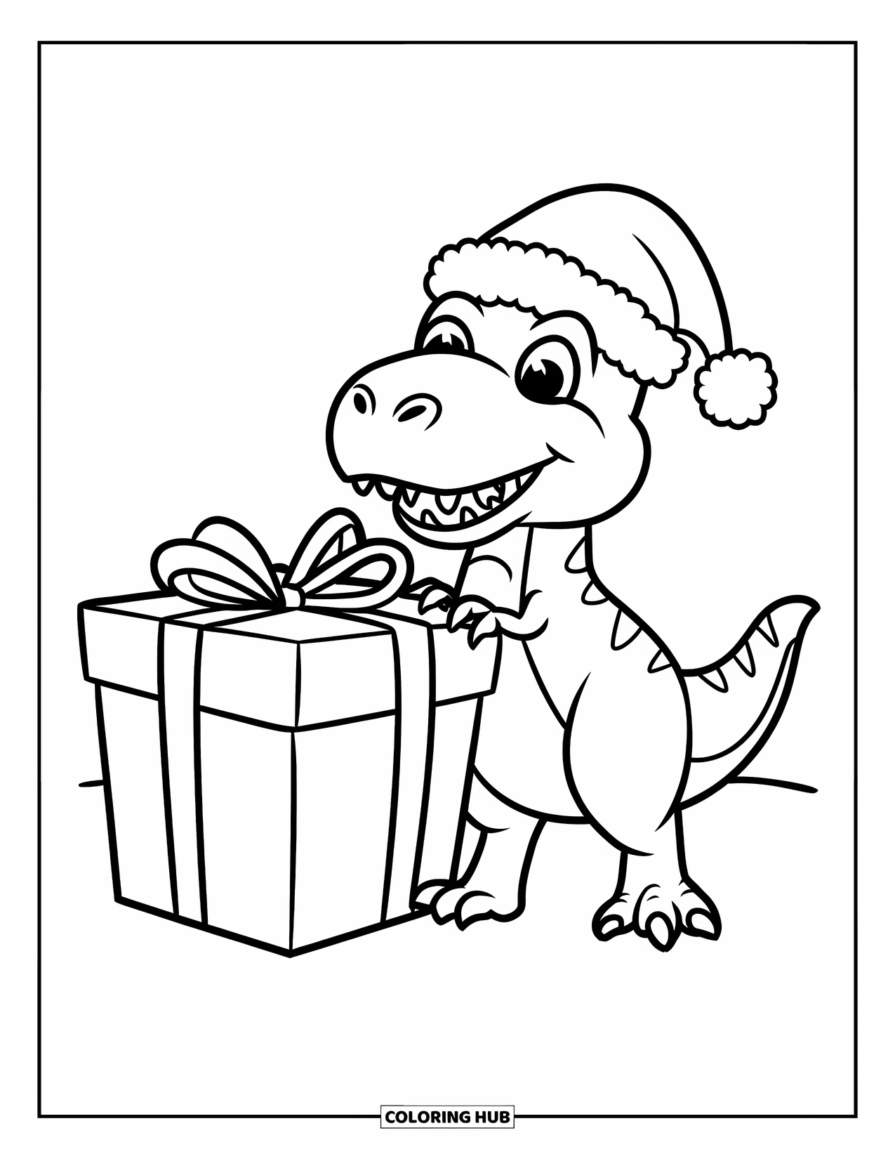 Christmas Dinosaur Coloring Page for Kids: A happy T-Rex in a Santa hat holding a large gift on white ground