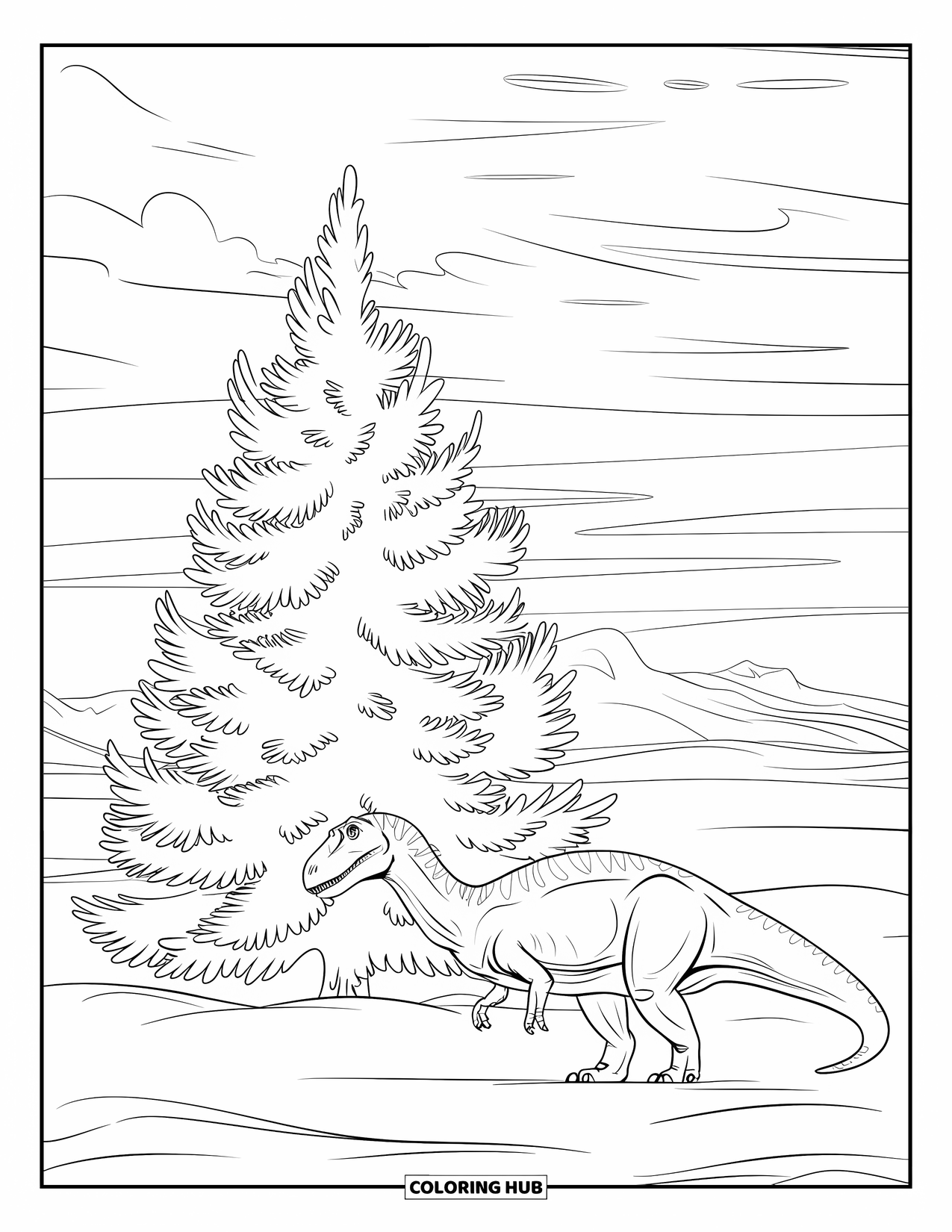 Christmas Dinosaur Coloring Page for Kids: A lone dinosaur standing beside a glowing Christmas tree on a snowy night