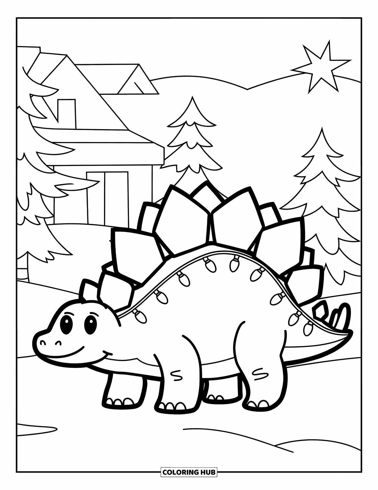 Christmas Dinosaur Coloring Page for Kids: A smiling Stegosaurus with lights draped on its back in snowy trees