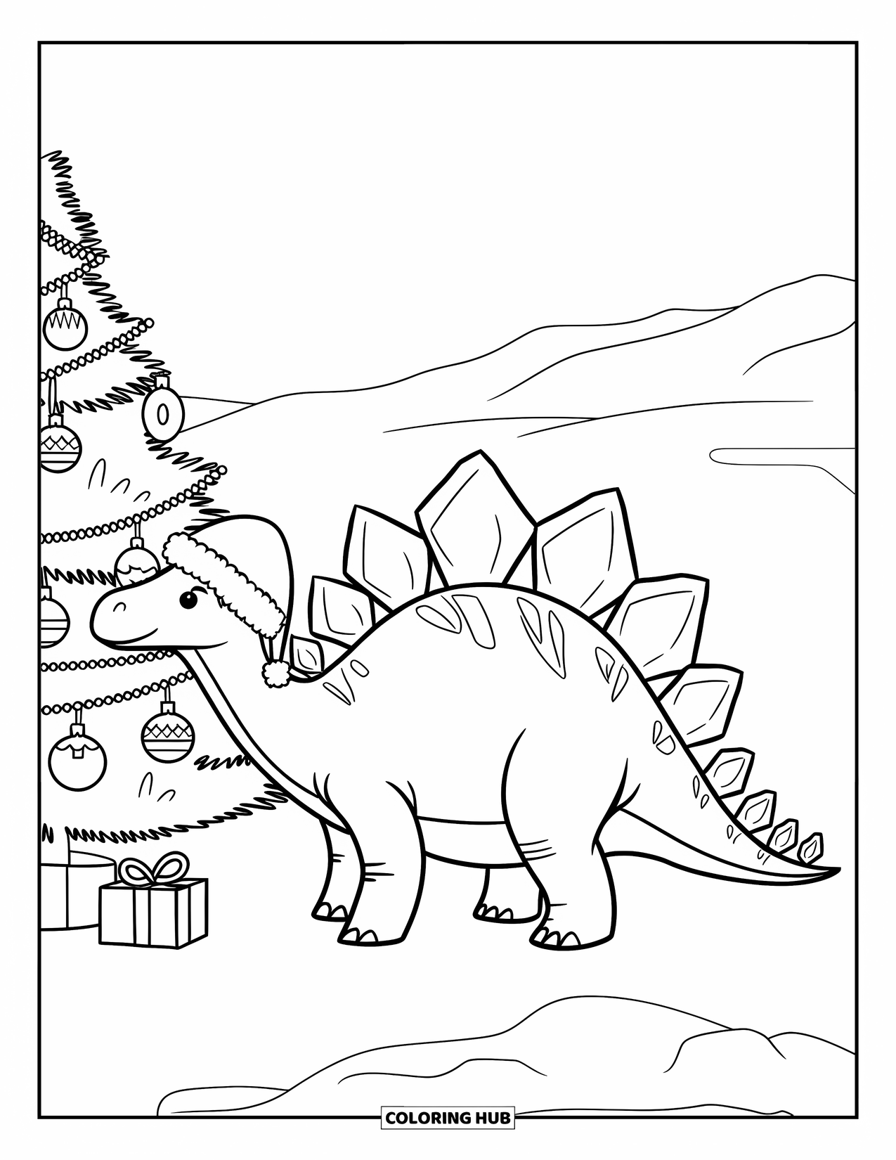Christmas Dinosaur Coloring Page for Kids: A Stegosaurus in a Santa hat decorating a snowy Christmas tree