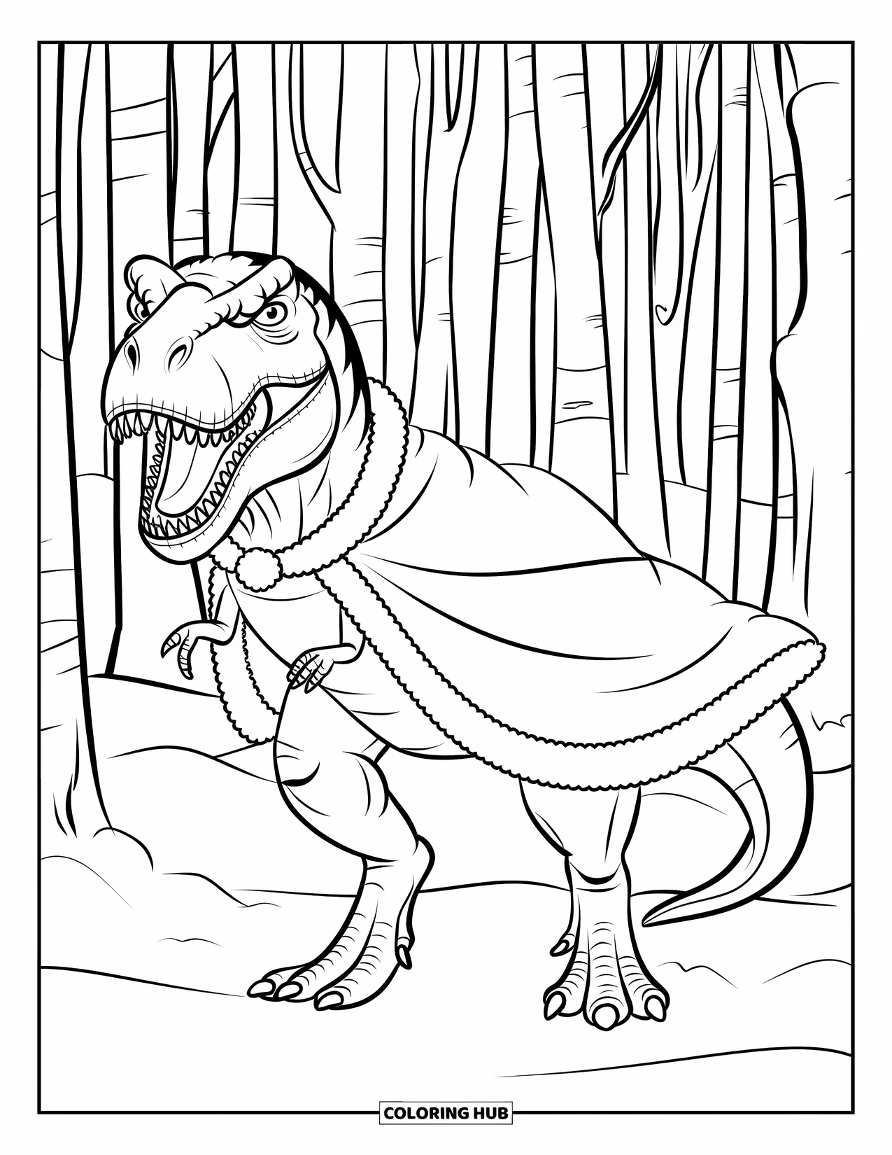 Christmas Dinosaur Coloring Page for Kids: A T-Rex in a Santa cape with a red nose in snowy tall trees