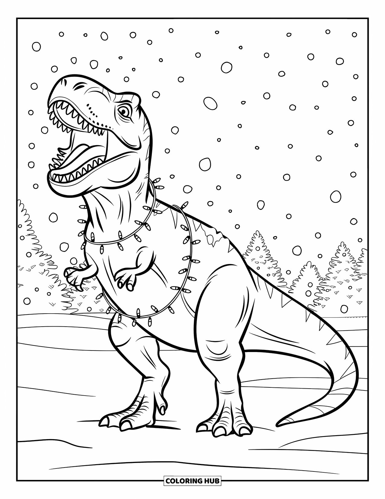 Christmas Dinosaur Coloring Page for Kids: A T-Rex roaring joyfully with string lights wrapped around its body
