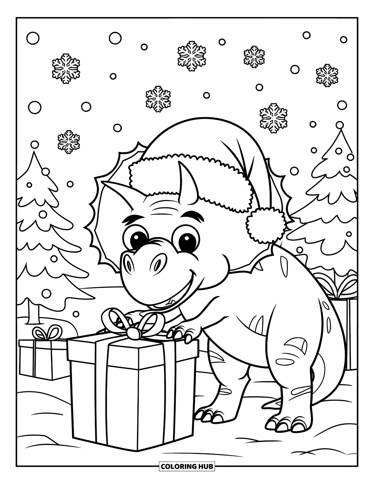 Christmas Dinosaur Coloring Page for Kids: A Triceratops in a Santa hat opening a gift with snowy trees