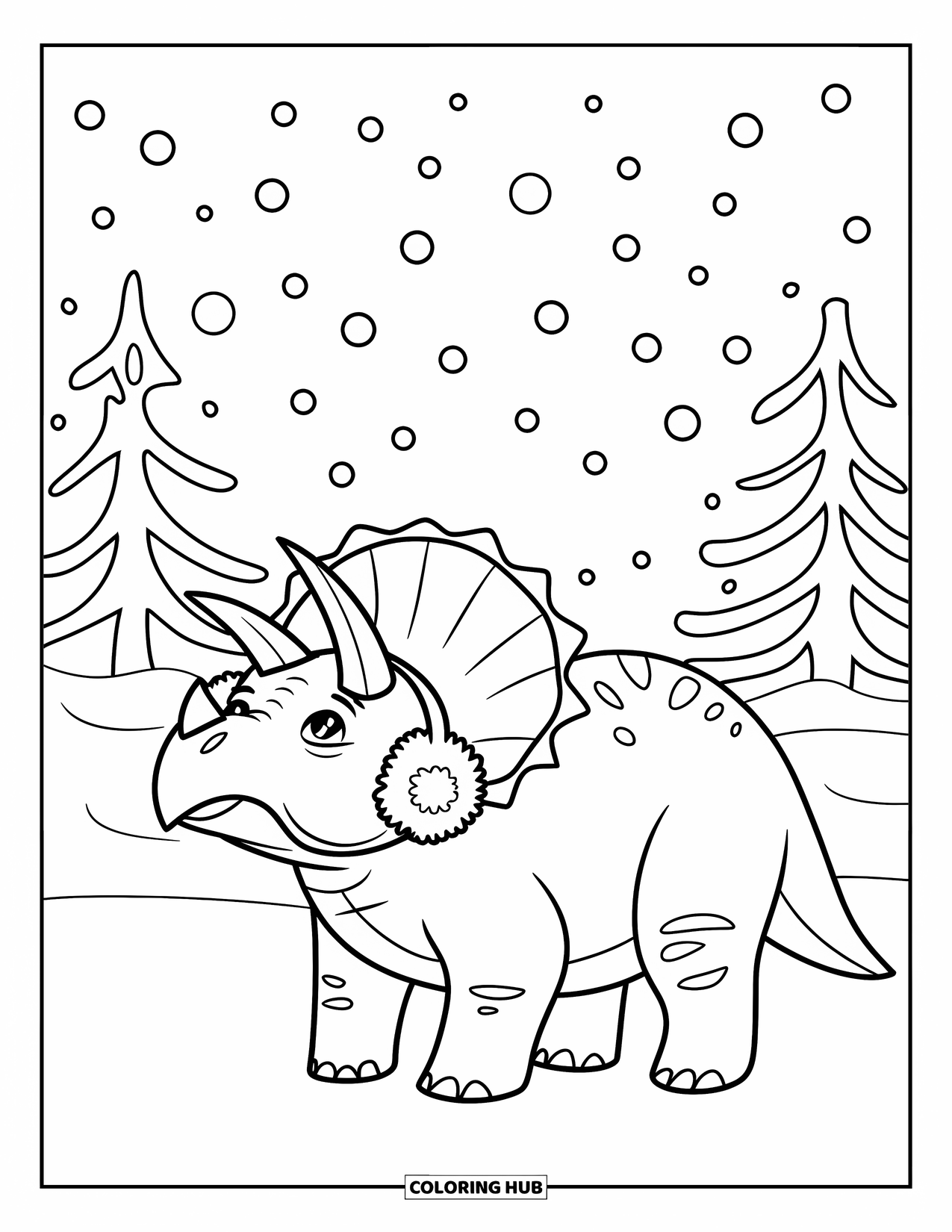 Christmas Dinosaur Coloring Page for Kids: A Triceratops in earmuffs looking up at falling snow in a snowy forest