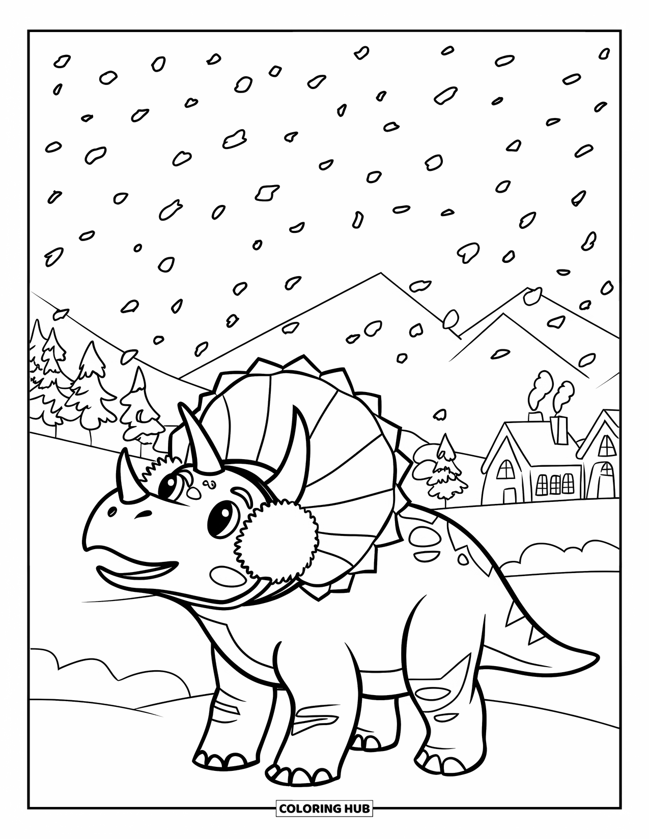 Christmas Dinosaur Coloring Page for Kids: A Triceratops in earmuffs watching snowfall near snowy houses and mountains