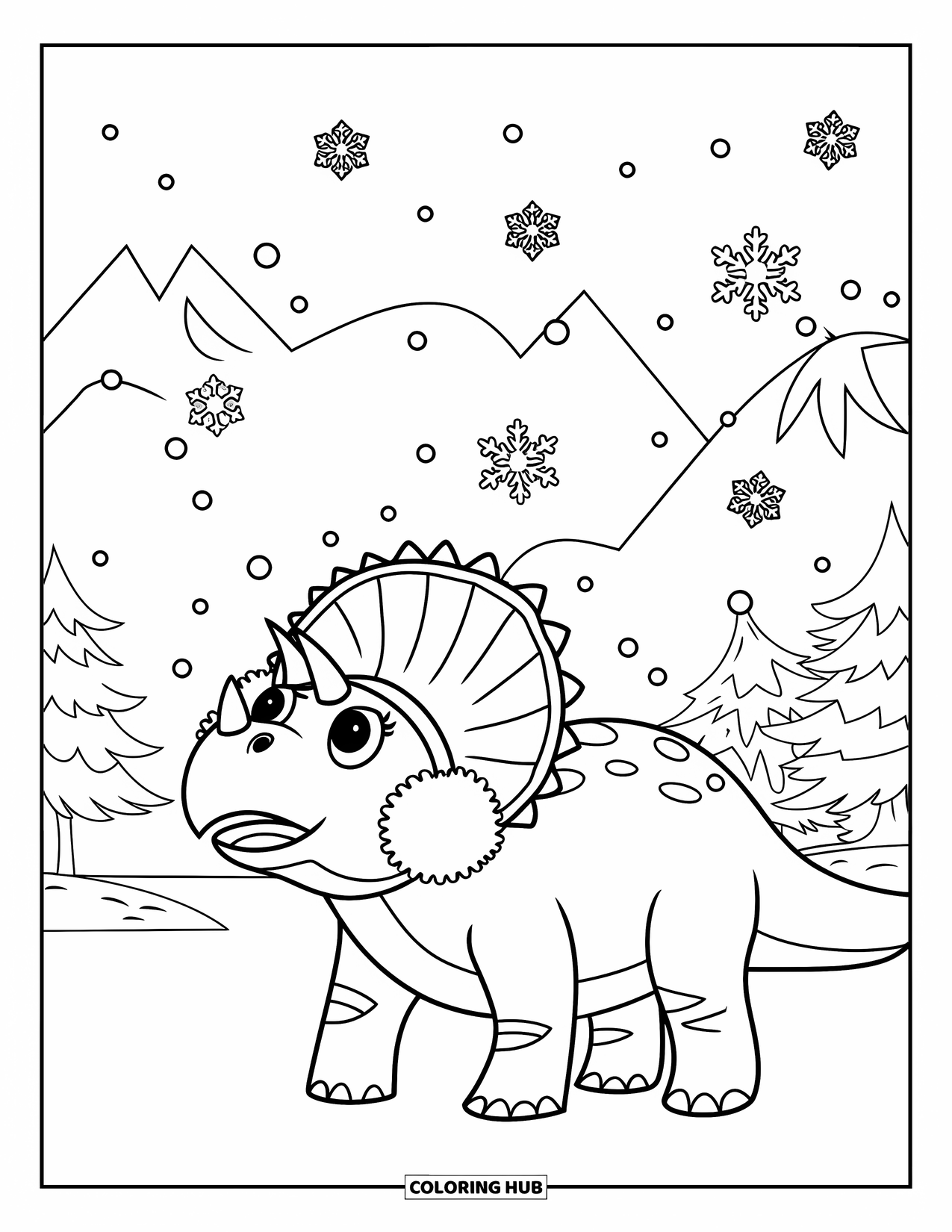 Christmas Dinosaur Coloring Page for Kids: A Triceratops in earmuffs watching snowfall with snowy mountains behind