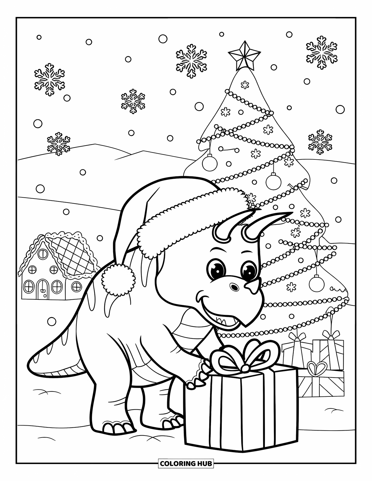 Christmas Dinosaur Coloring Page for Kids: A Triceratops opening a gift near a tree and gingerbread house