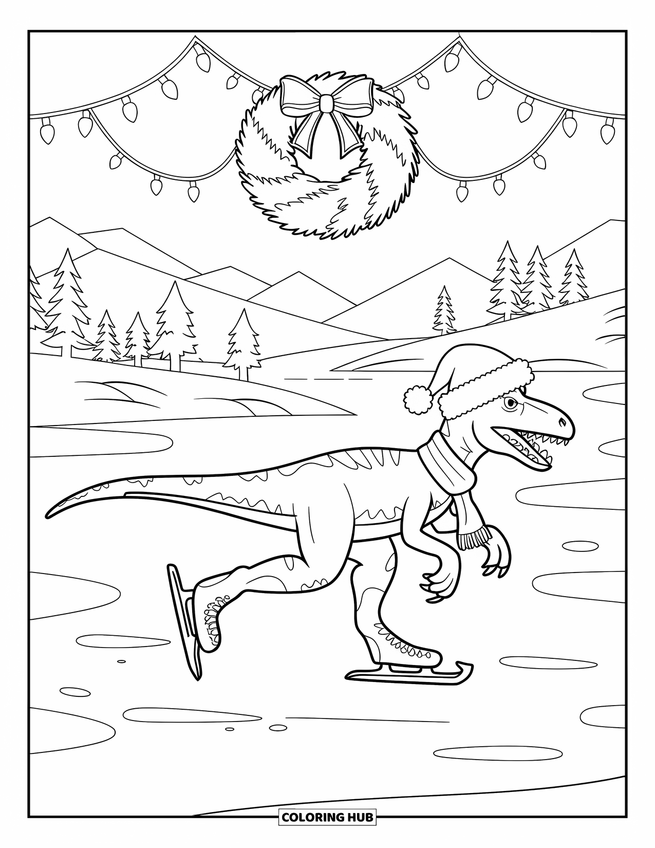 Christmas Dinosaur Coloring Page for Kids: A Velociraptor in a Santa hat and scarf skating on a snowy lake