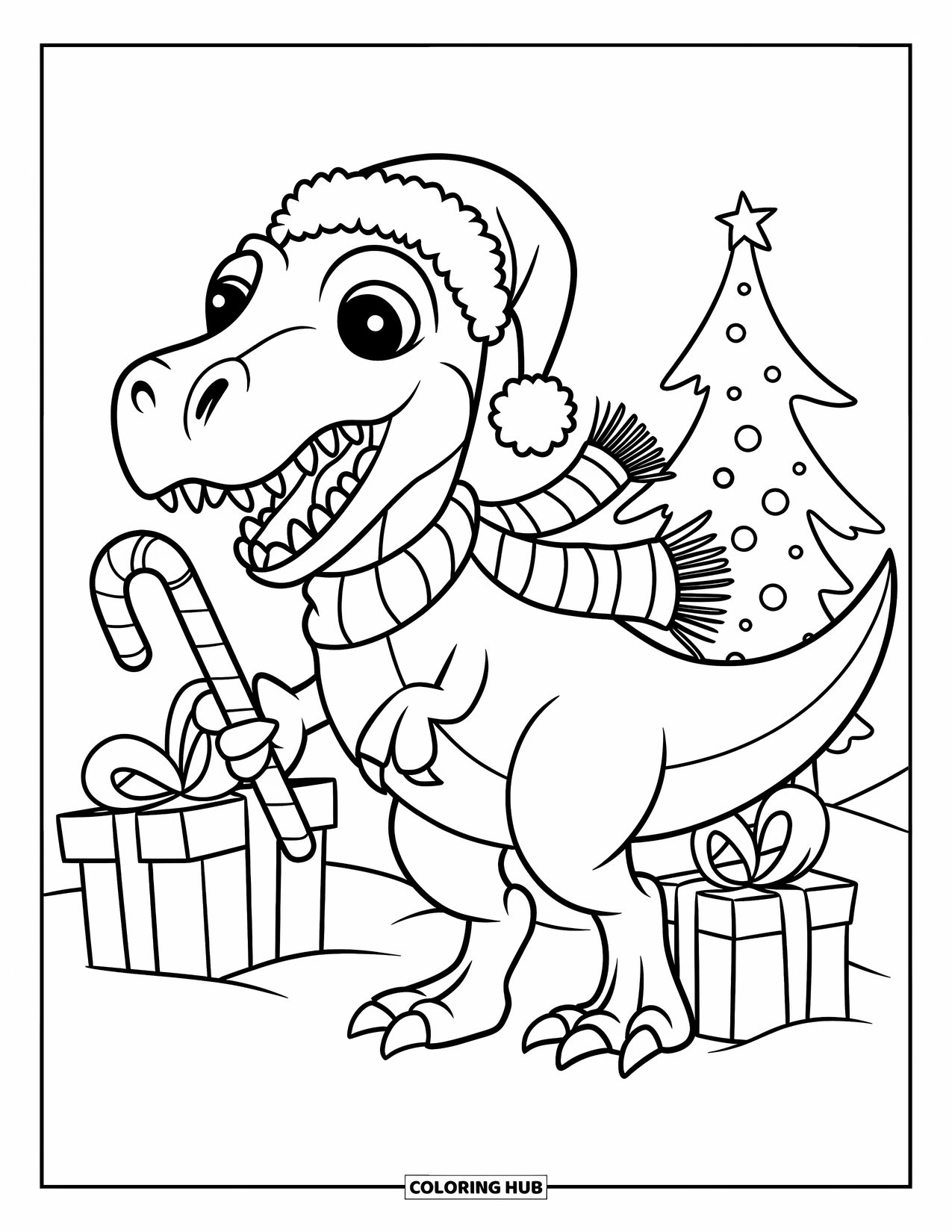 Christmas Dinosaur Coloring Page for Kids: A Velociraptor in a scarf holding a candy cane near presents