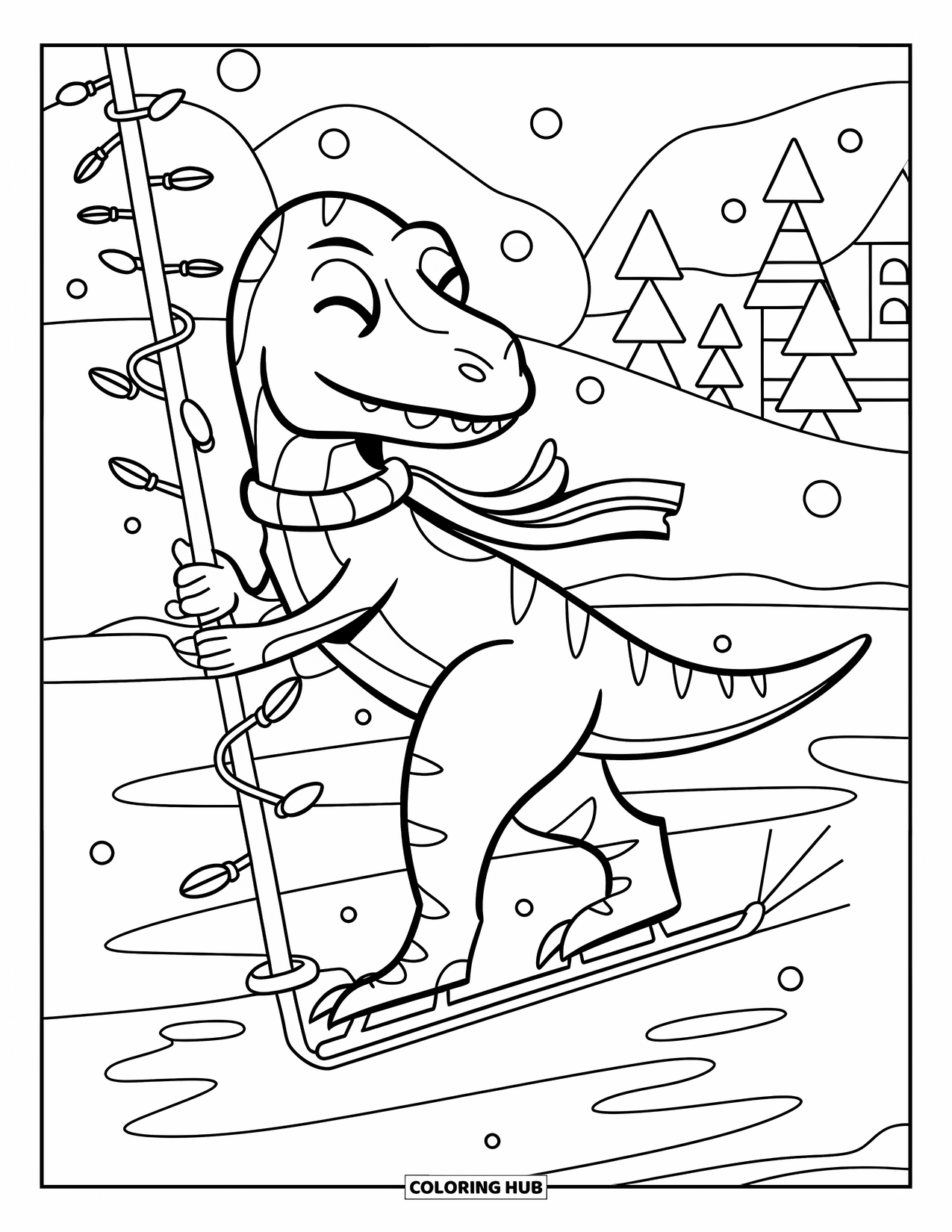 Christmas Dinosaur Coloring Page for Kids: A Velociraptor in a scarf skating on ice near a snowy decorated pole